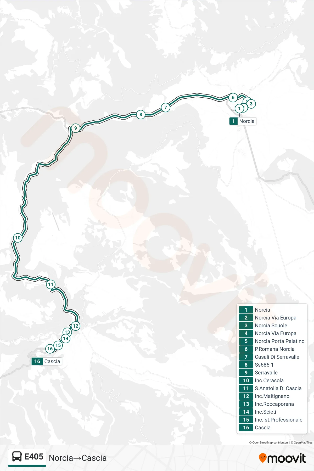 Linea E405  bus (Norcia‎→Cascia) - Percorsi e fermate sulla mappa