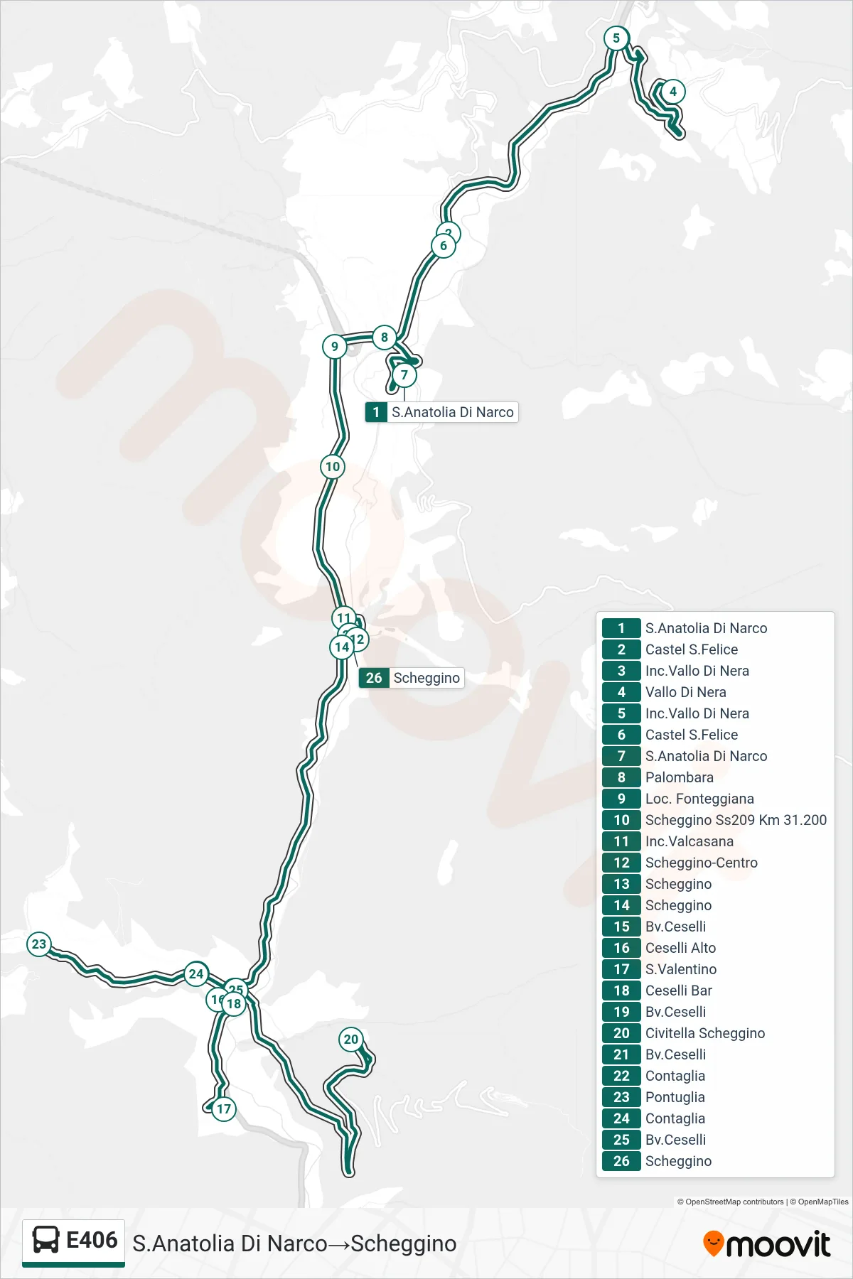 Linea E406 bus (S.Anatolia Di Narco→Scheggino) - Percorsi e fermate sulla mappa