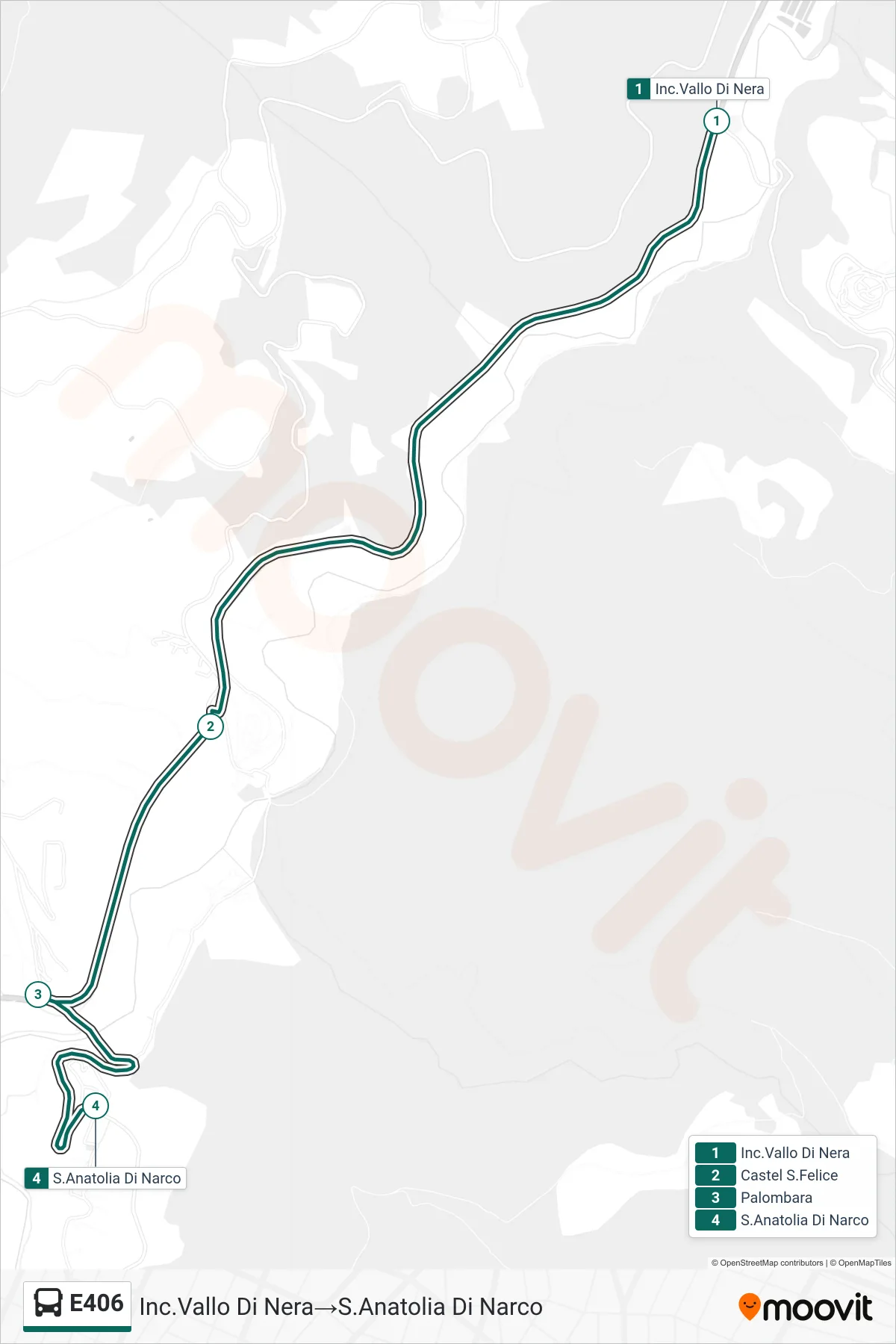 Linea E406 bus (Inc.Vallo Di Nera→S.Anatolia Di Narco) - Percorsi e fermate sulla mappa