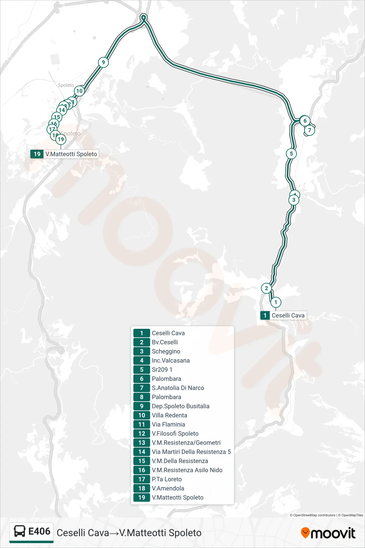 Linea E406 bus (Ceselli Cava→V.Matteotti Spoleto) - Percorsi e fermate sulla mappa