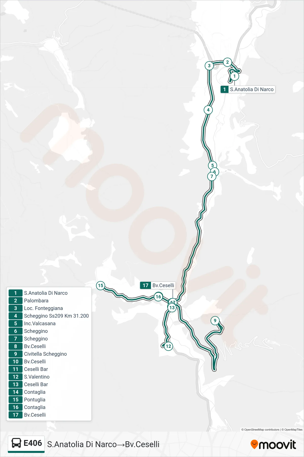 Linea E406  bus (S.Anatolia Di Narco‎→Bv.Ceselli) - Percorsi e fermate sulla mappa