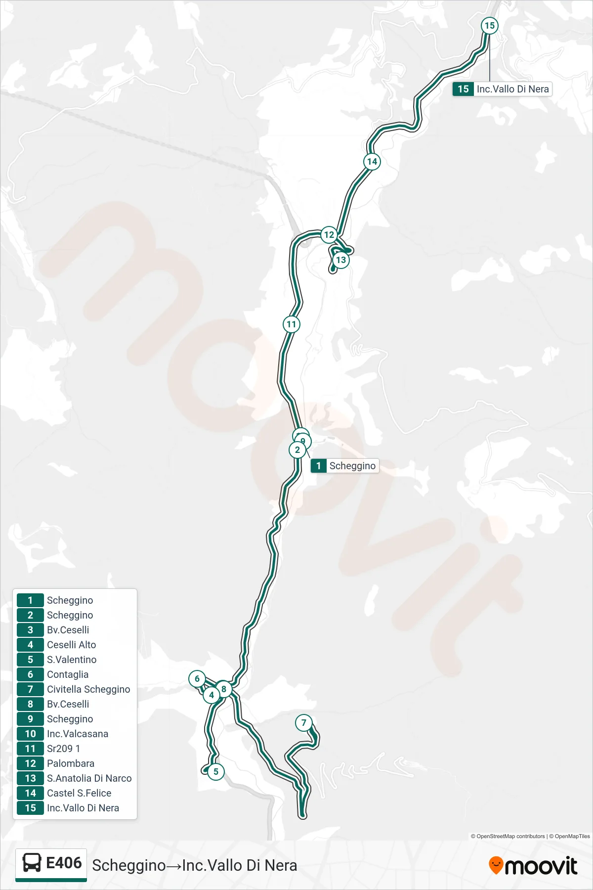 Linea E406 bus (Scheggino→Inc.Vallo Di Nera) - Percorsi e fermate sulla mappa