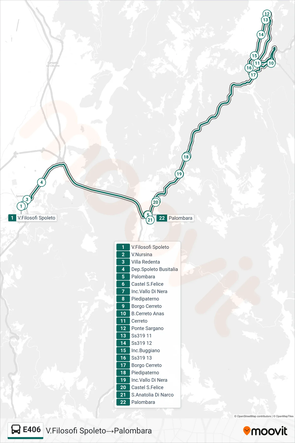Linea E406 bus (V.Filosofi Spoleto→Palombara) - Percorsi e fermate sulla mappa