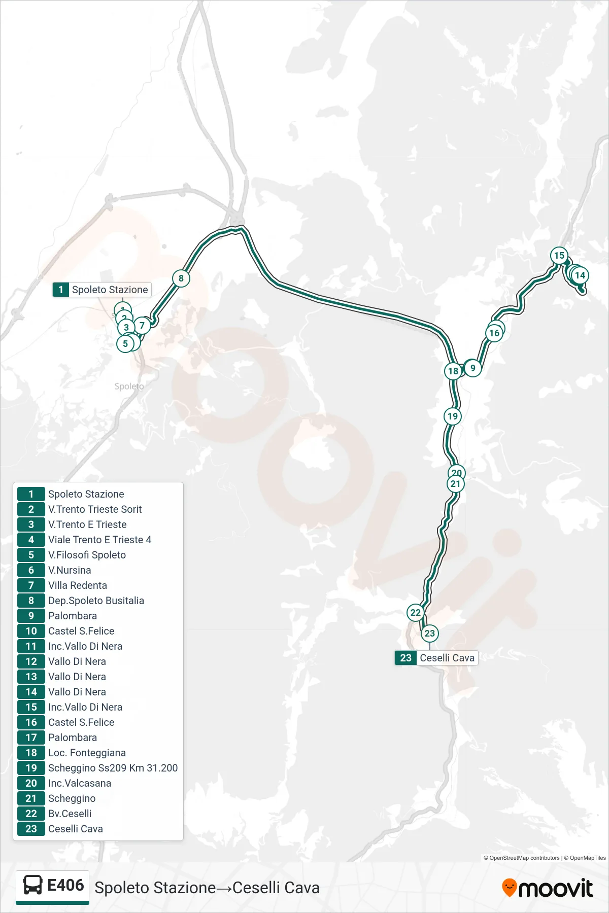 Linea E406  bus (Spoleto Stazione‎→Ceselli Cava) - Percorsi e fermate sulla mappa
