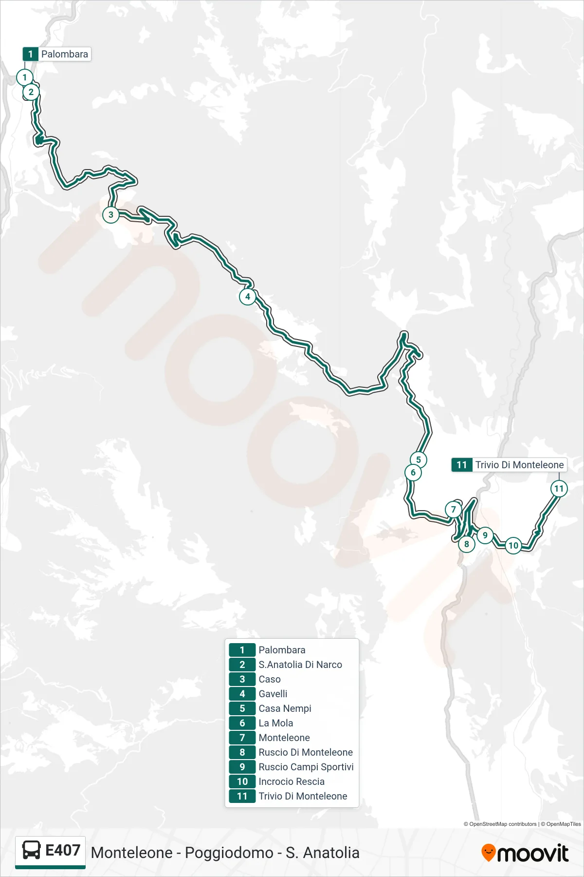 Linea E407  bus (Palombara‎→Trivio Di Monteleone) - Percorsi e fermate sulla mappa