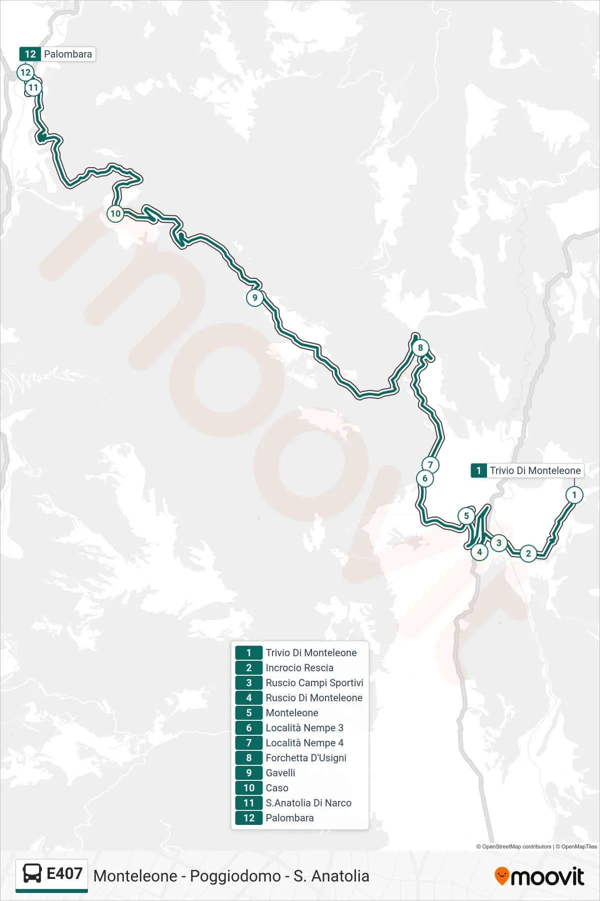 Linea E407 bus (Trivio Di Monteleone→Palombara) - Percorsi e fermate sulla mappa