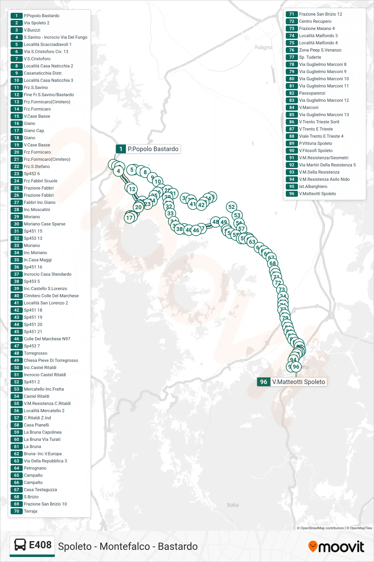 E408 bus Line (People's Square Bastardo→Via Matteotti Spoleto) route and stops on a map