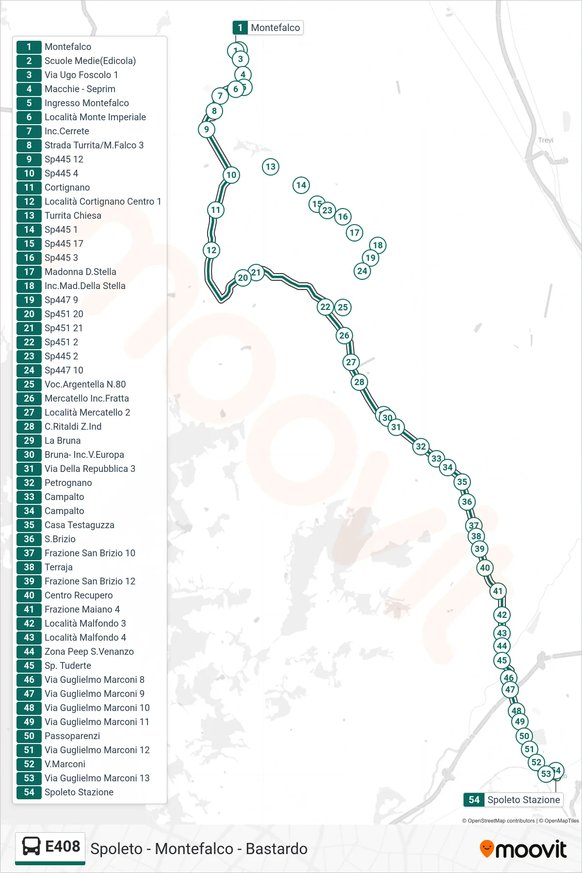 Linea E408  bus (Montefalco‎→Spoleto Stazione) - Percorsi e fermate sulla mappa
