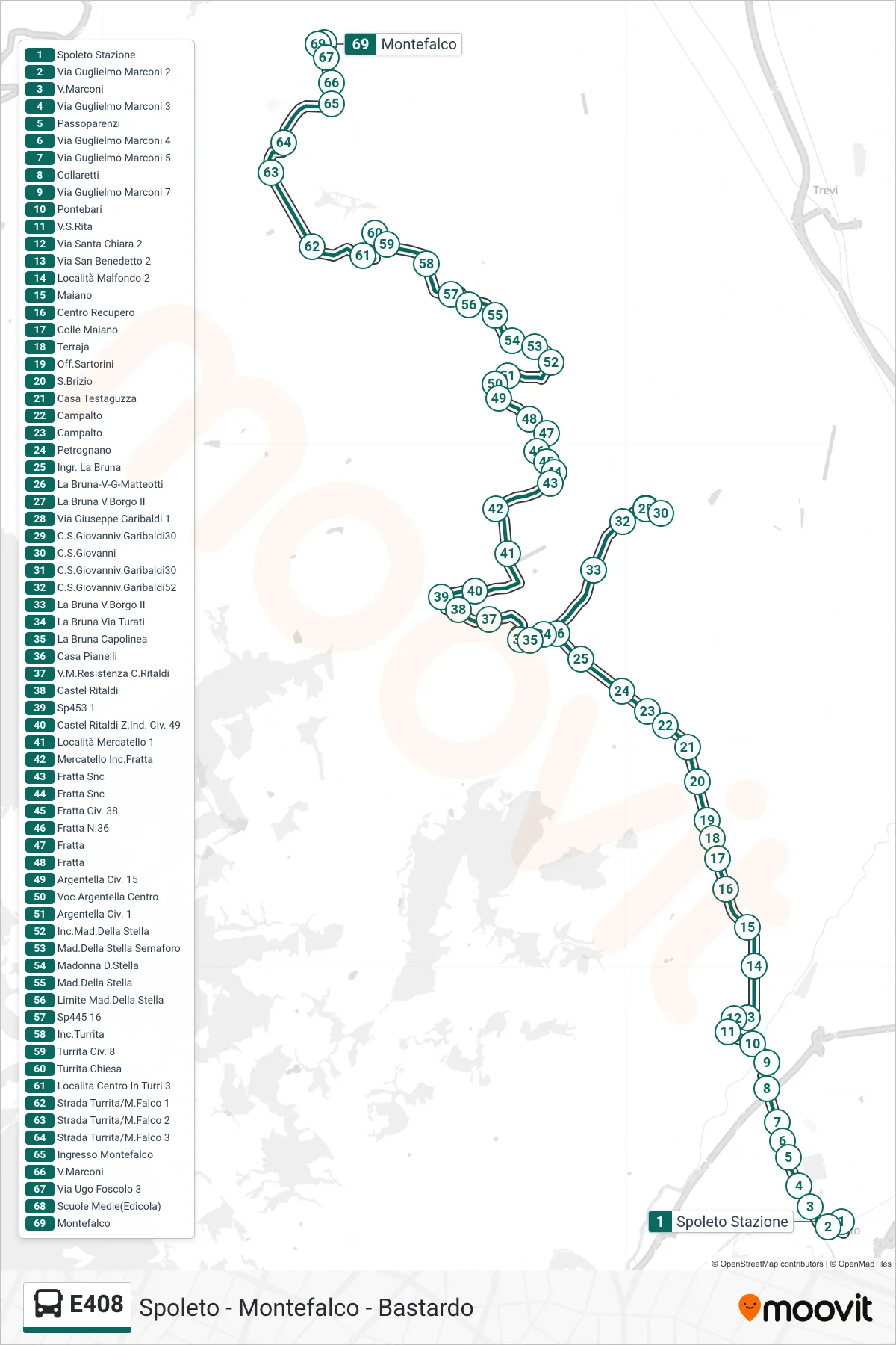 Linea E408 bus (Spoleto Stazione→Montefalco) - Percorsi e fermate sulla mappa