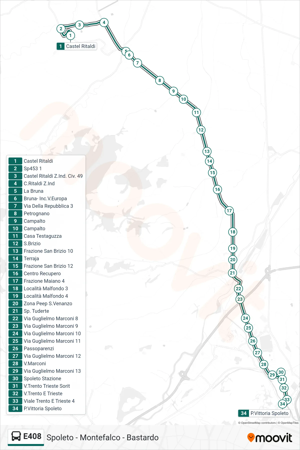 E408 bus Line (Castel Ritaldi→Piazza Vittoria Spoleto) route and stops on a map