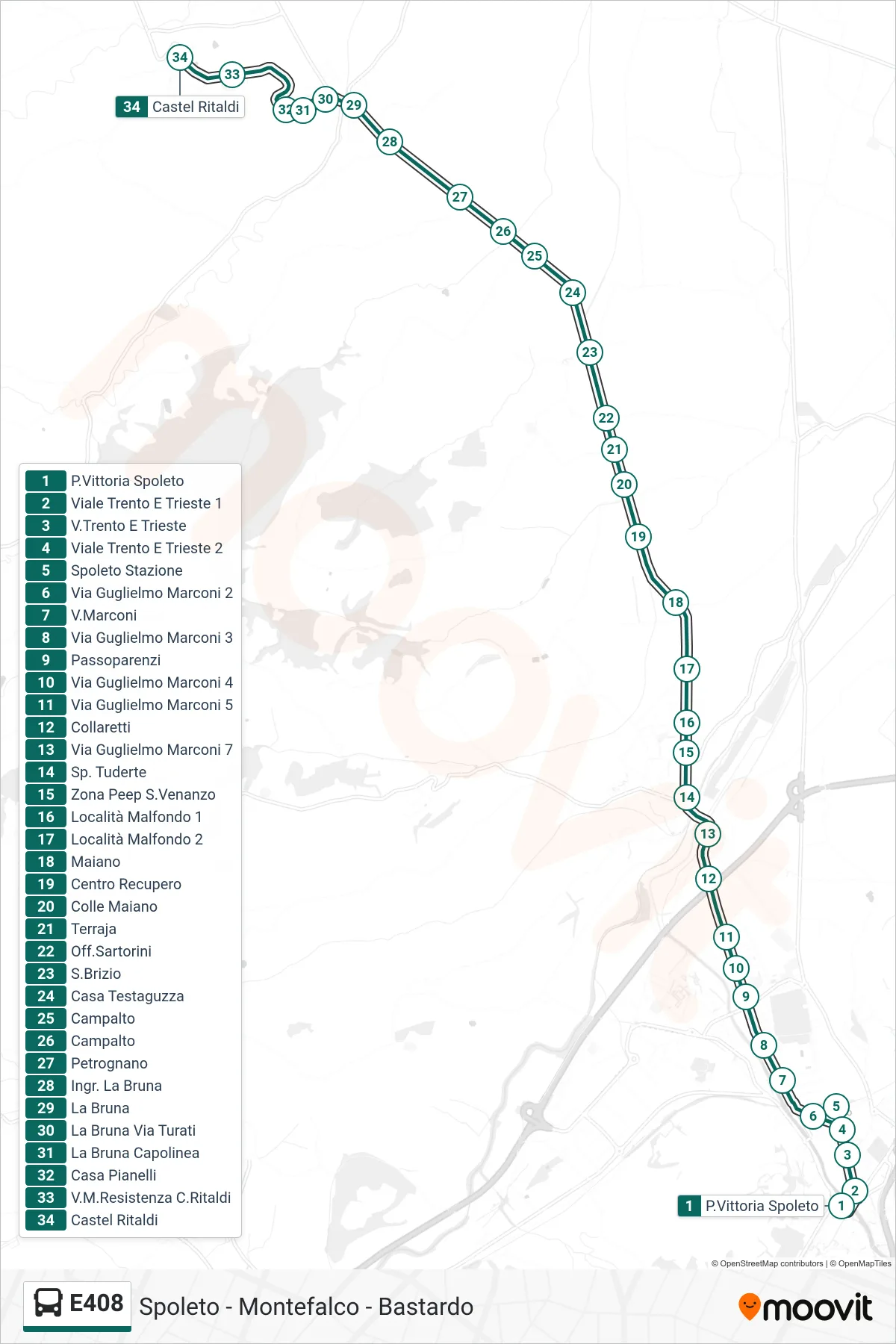 E408 bus Line (Piazza Vittoria Spoleto→Castel Ritaldi) route and stops on a map