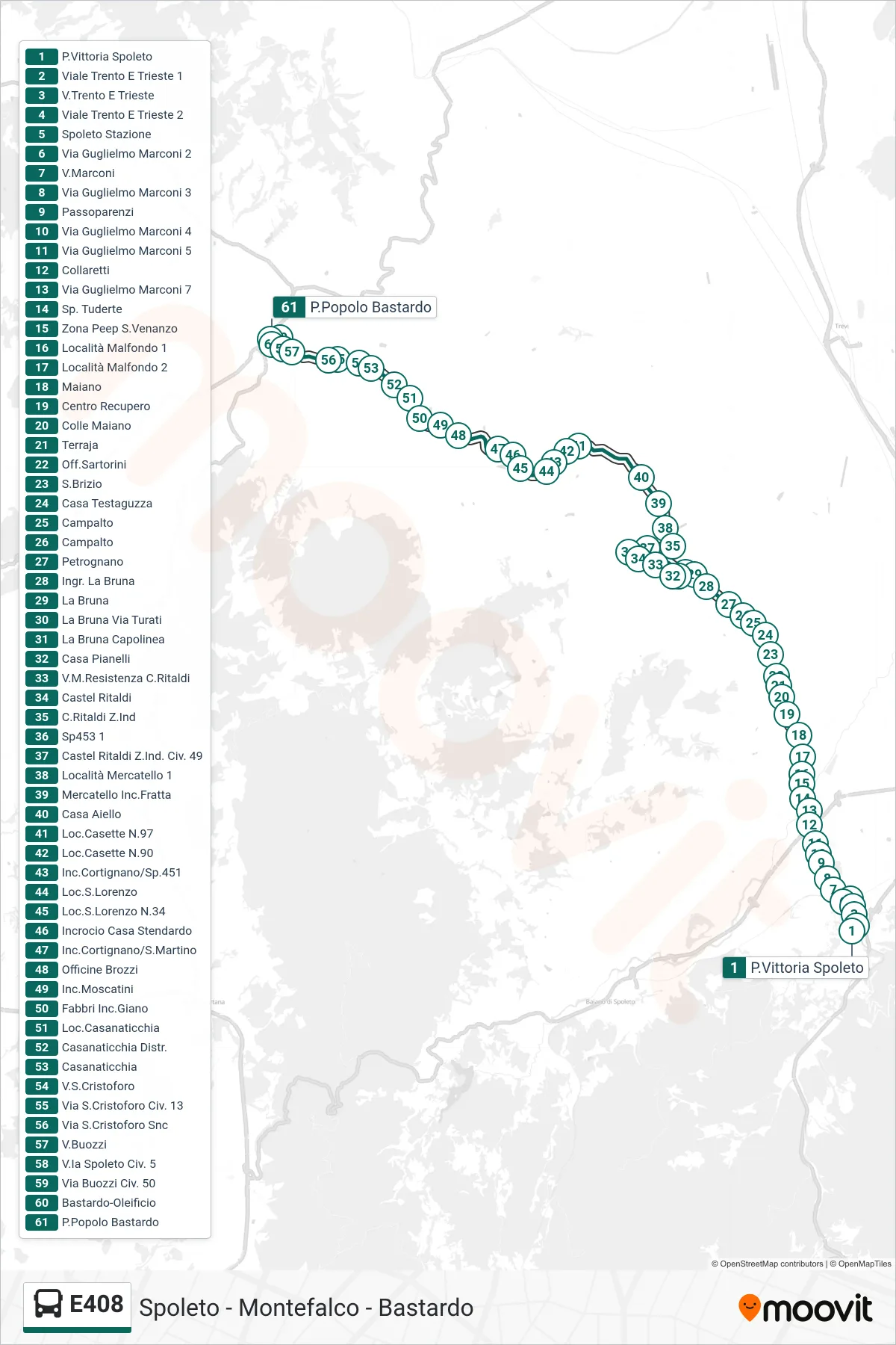 Linea E408  bus (P.Vittoria Spoleto‎→P.Popolo Bastardo) - Percorsi e fermate sulla mappa