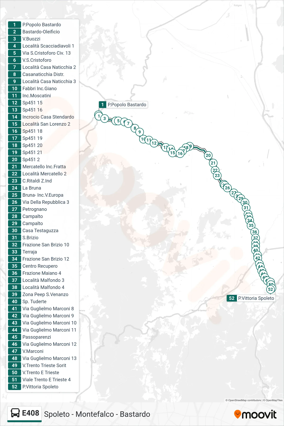 E408 bus Line (People's Square Bastardo→Piazza Vittoria Spoleto) route and stops on a map