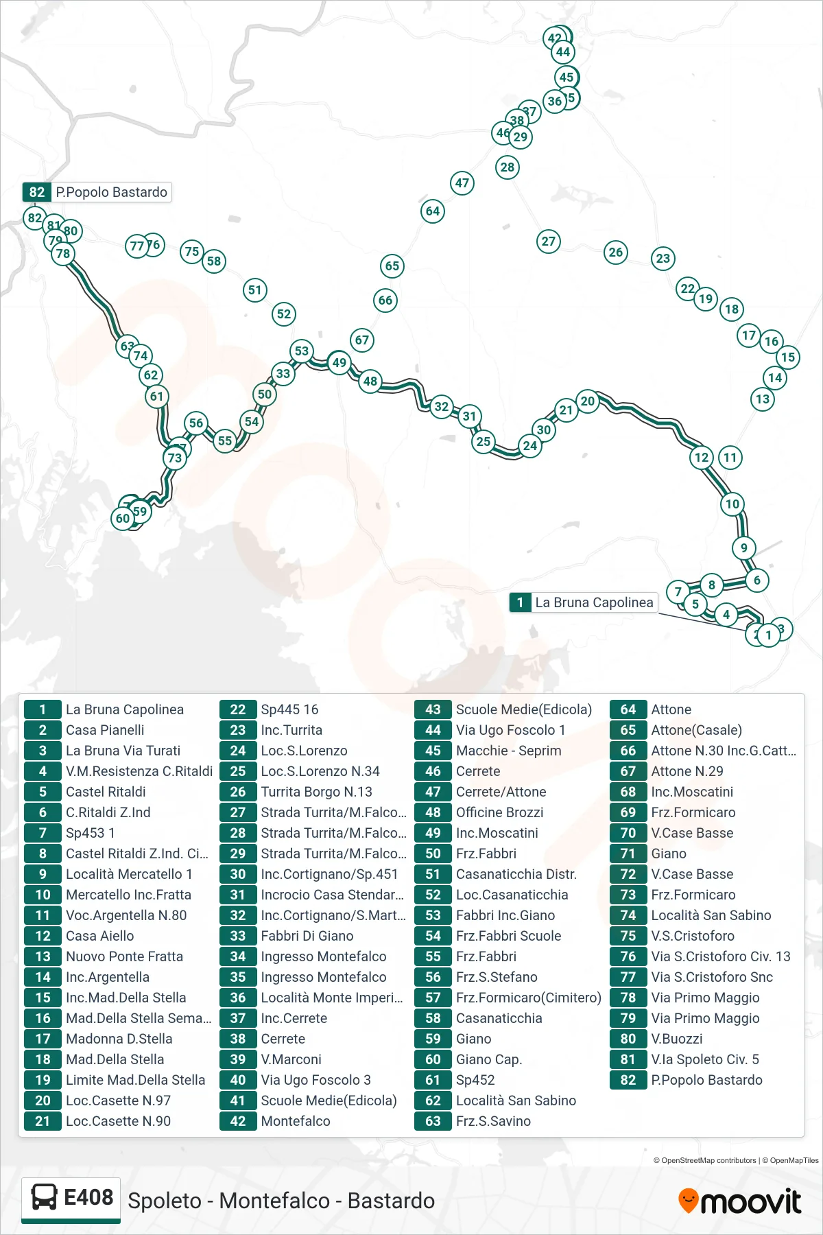 Linea E408  bus (La Bruna Capolinea‎→P.Popolo Bastardo) - Percorsi e fermate sulla mappa