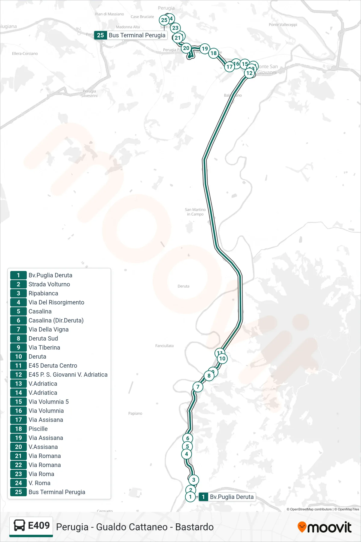 E409 bus Line (Puglia Junction Deruta→Perugia Bus Terminal) route and stops on a map