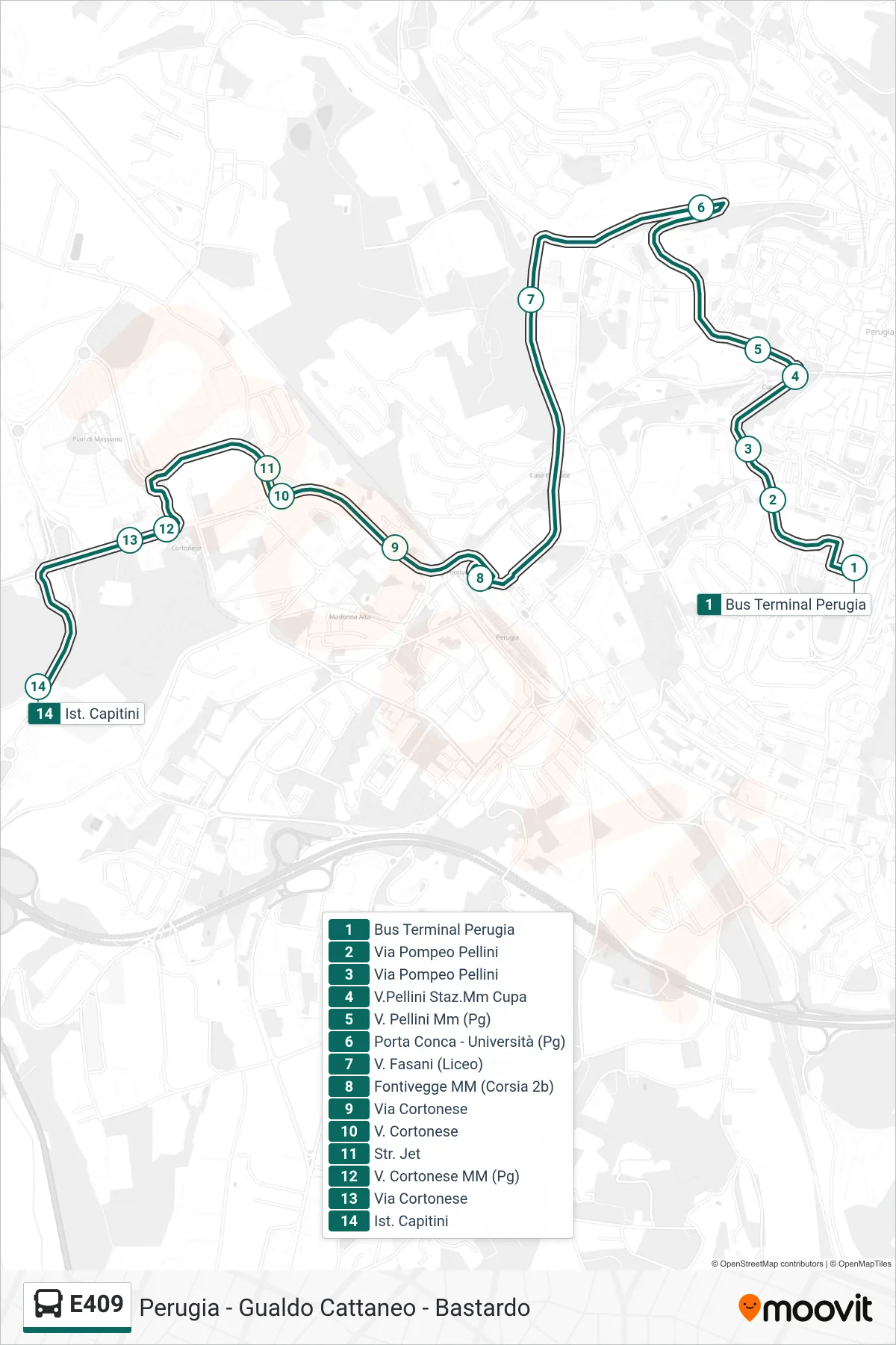 Linea E409 bus (Bus Terminal Perugia→Ist. Capitini) - Percorsi e fermate sulla mappa