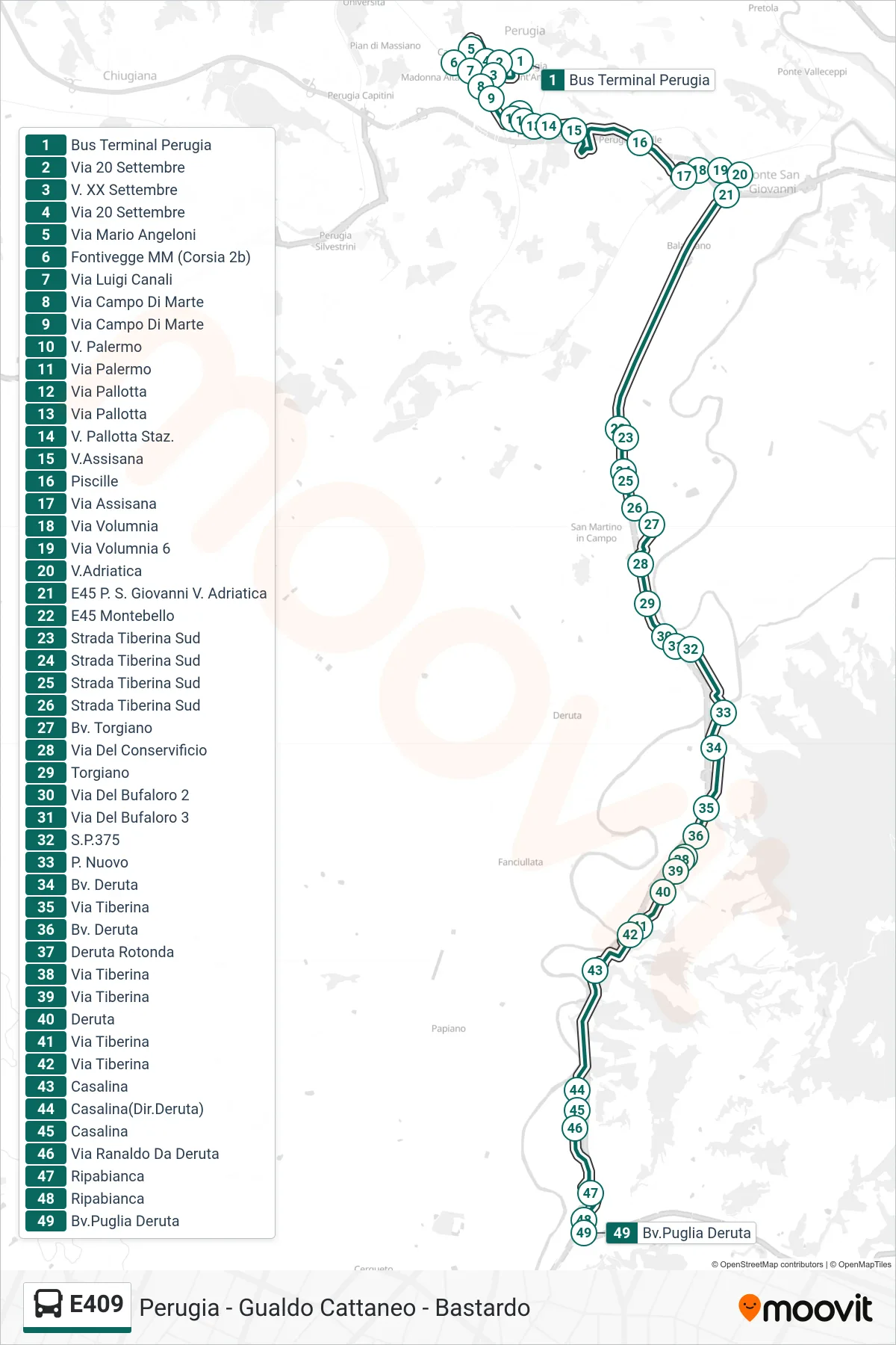 E409 bus Line (Perugia Bus Terminal‎→Puglia Junction Deruta) route and stops on a map