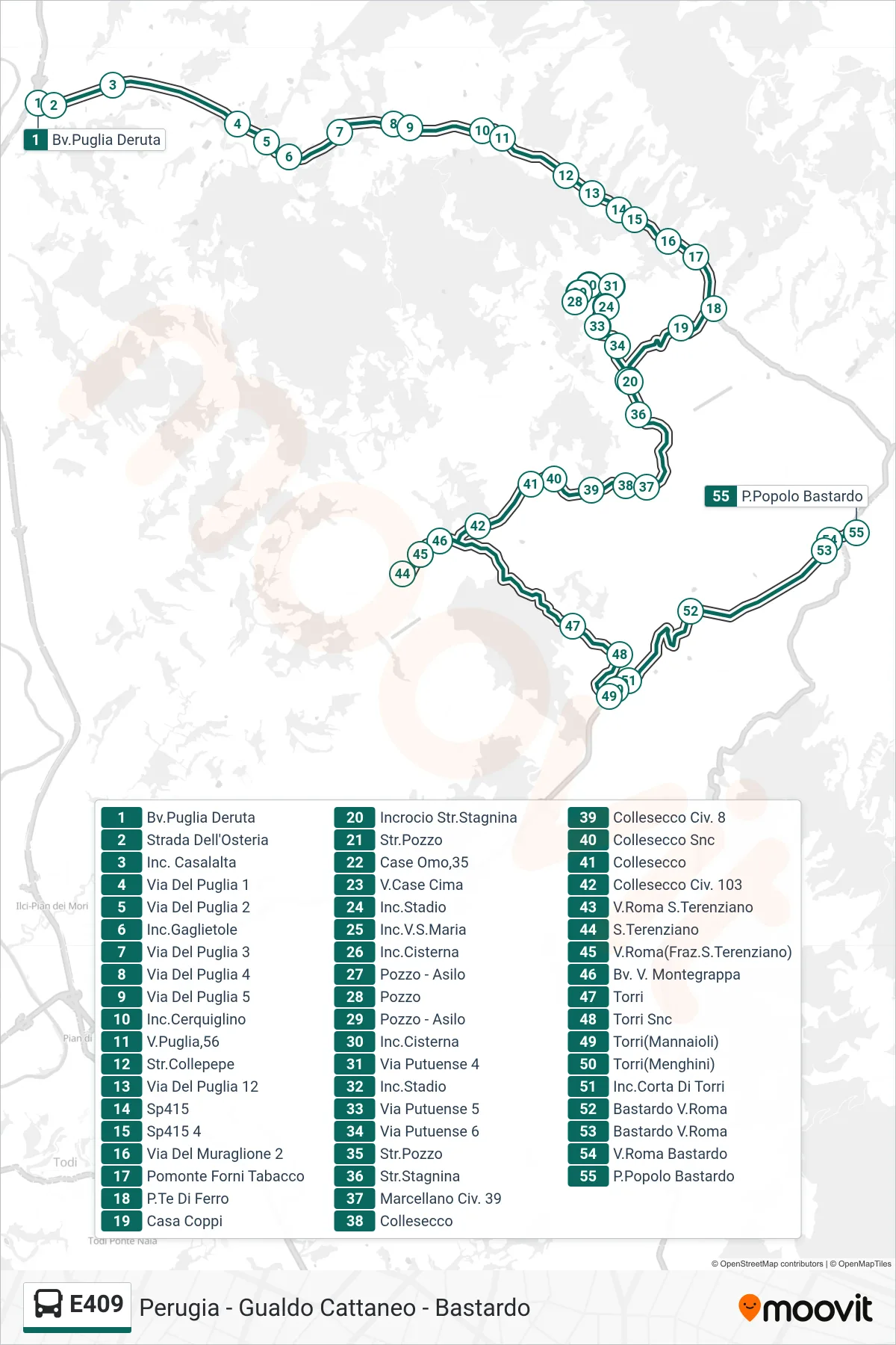 Linea E409 bus (Bv.Puglia Deruta→P.Popolo Bastardo) - Percorsi e fermate sulla mappa