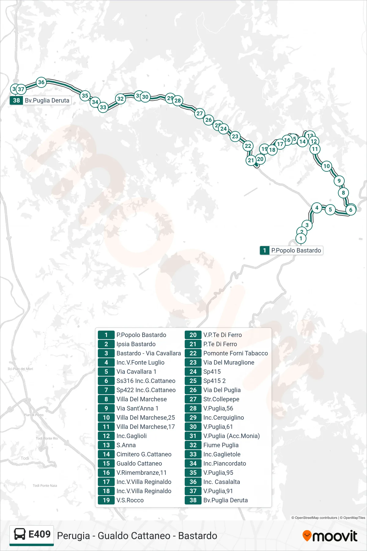 Linea E409  bus (P.Popolo Bastardo‎→Bv.Puglia Deruta) - Percorsi e fermate sulla mappa