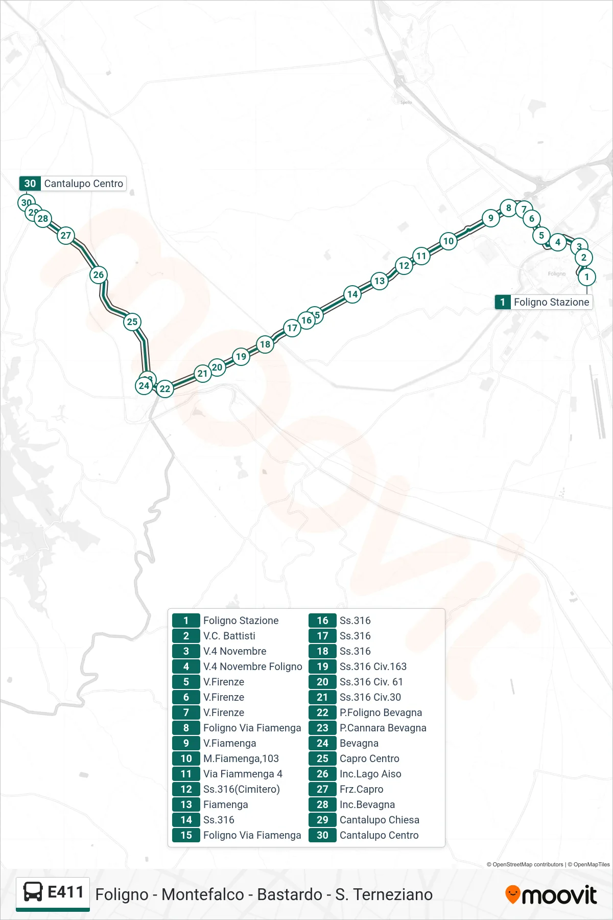 Linea E411  bus (Foligno Stazione‎→Cantalupo Centro) - Percorsi e fermate sulla mappa