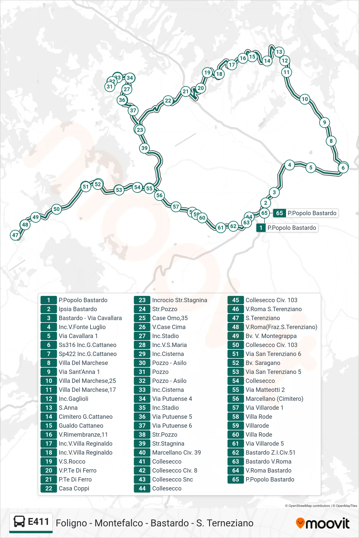 Linea E411 bus (P.Popolo Bastardo→P.Popolo Bastardo) - Percorsi e fermate sulla mappa