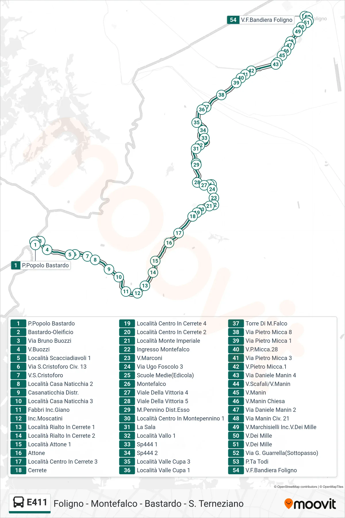 Linea E411 bus (P.Popolo Bastardo→V.F.Bandiera Foligno) - Percorsi e fermate sulla mappa