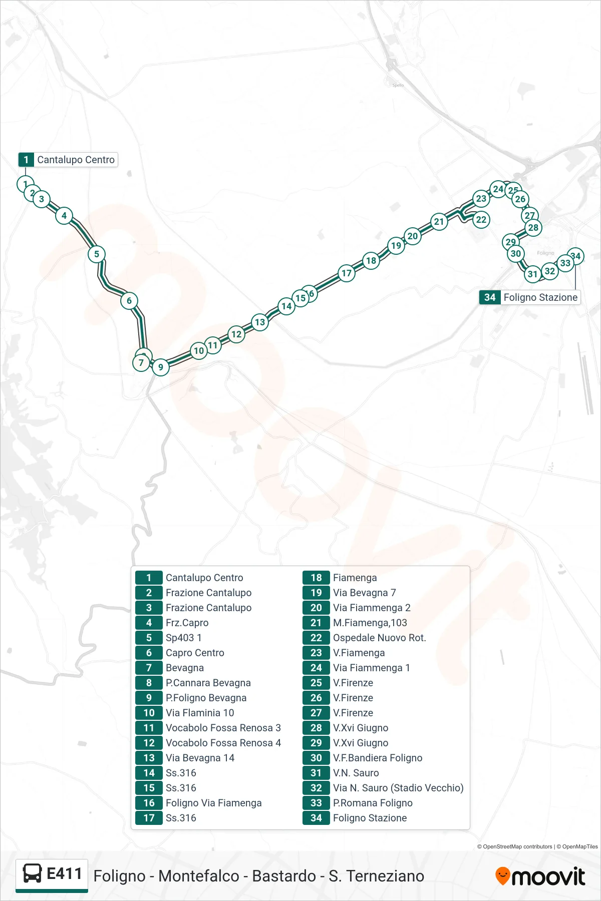 Linea E411 bus (Cantalupo Centro→Foligno Stazione) - Percorsi e fermate sulla mappa