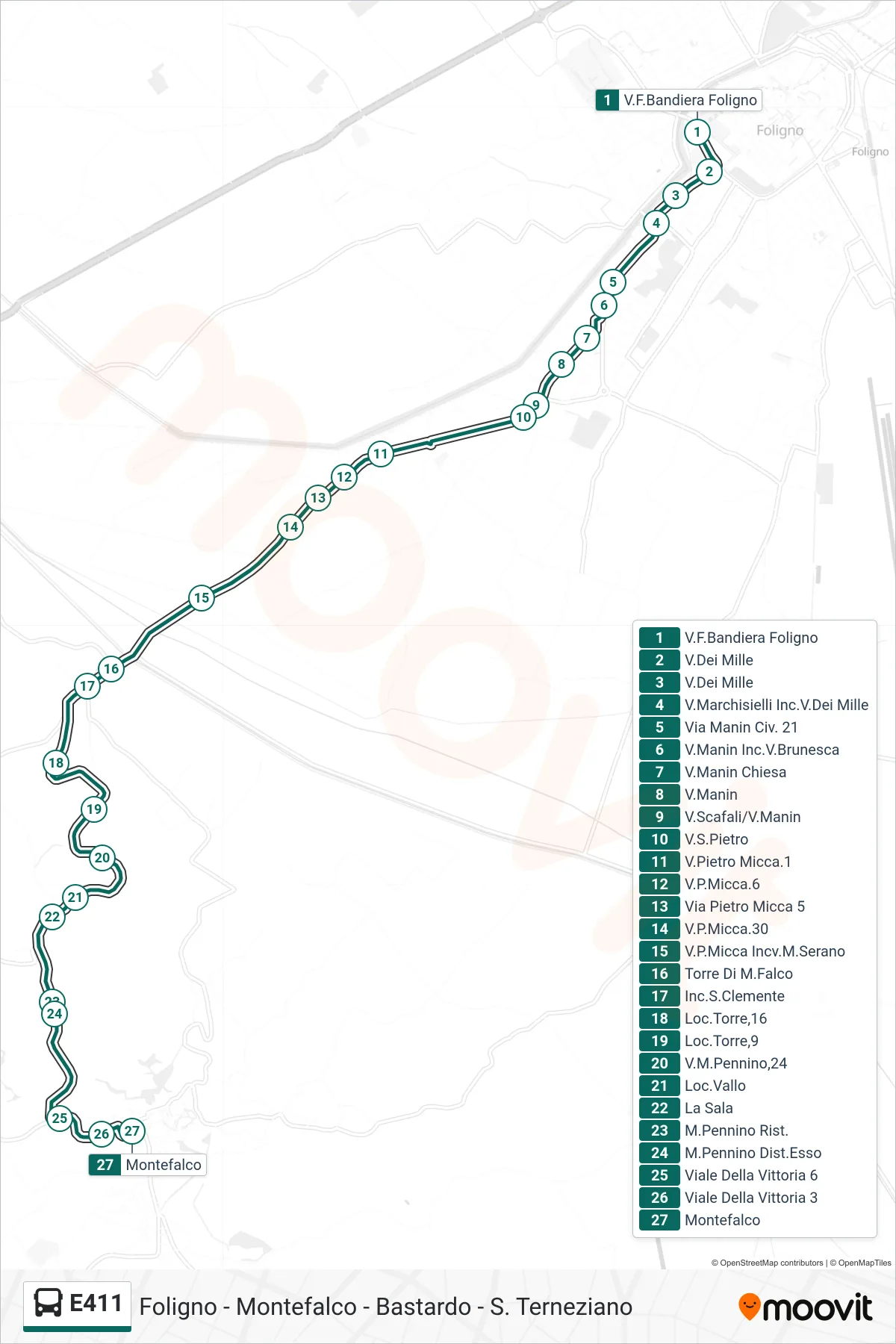 Linea E411 bus (V.F.Bandiera Foligno→Montefalco) - Percorsi e fermate sulla mappa