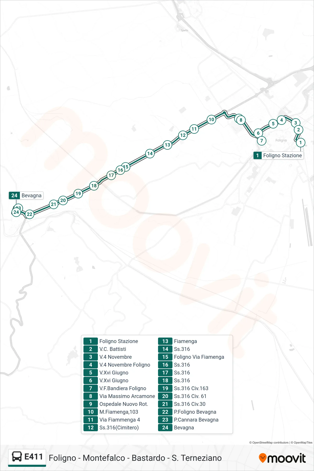 Linea E411 bus (Foligno Stazione→Bevagna) - Percorsi e fermate sulla mappa