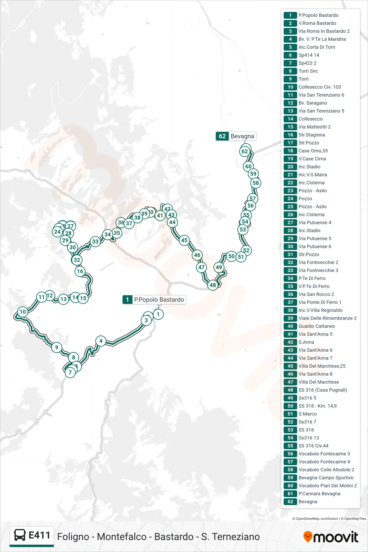 Linea E411 bus (P.Popolo Bastardo→Bevagna) - Percorsi e fermate sulla mappa