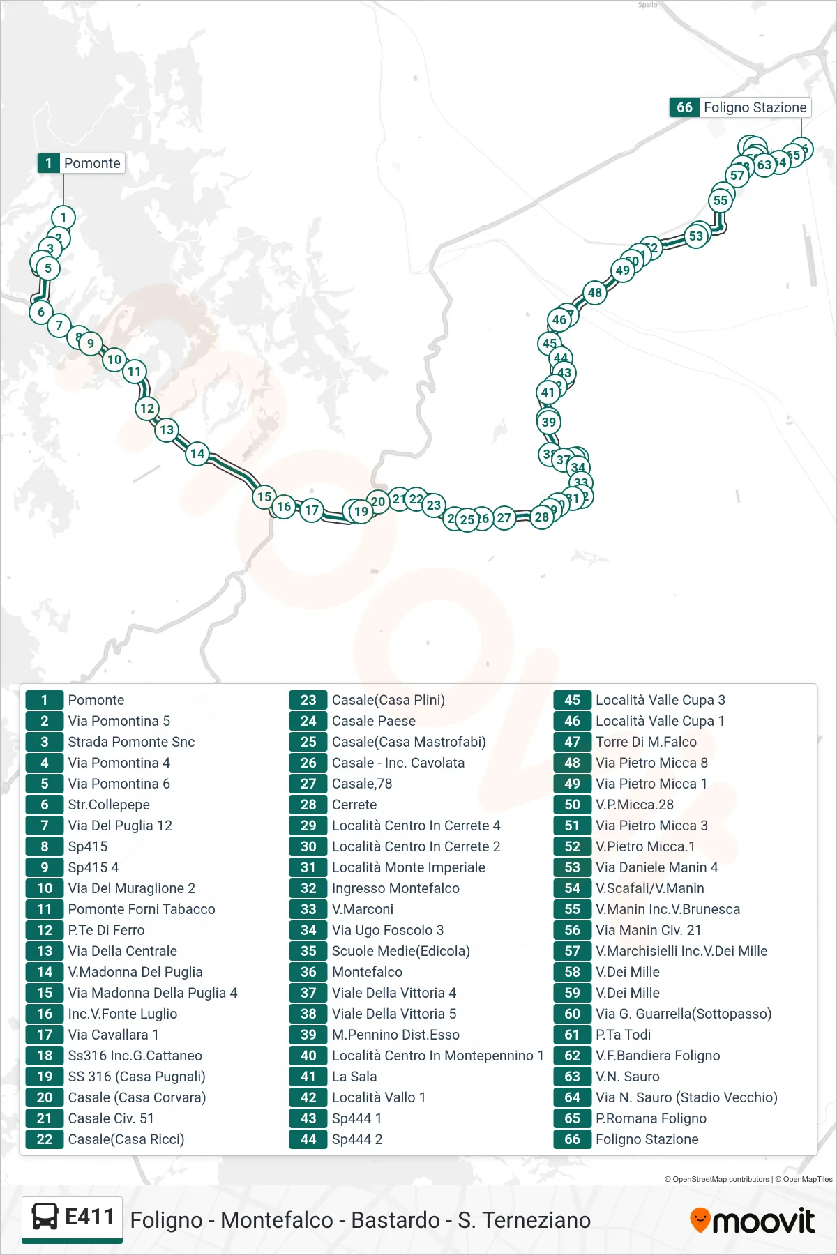 Linea E411 bus (Pomonte→Foligno Stazione) - Percorsi e fermate sulla mappa