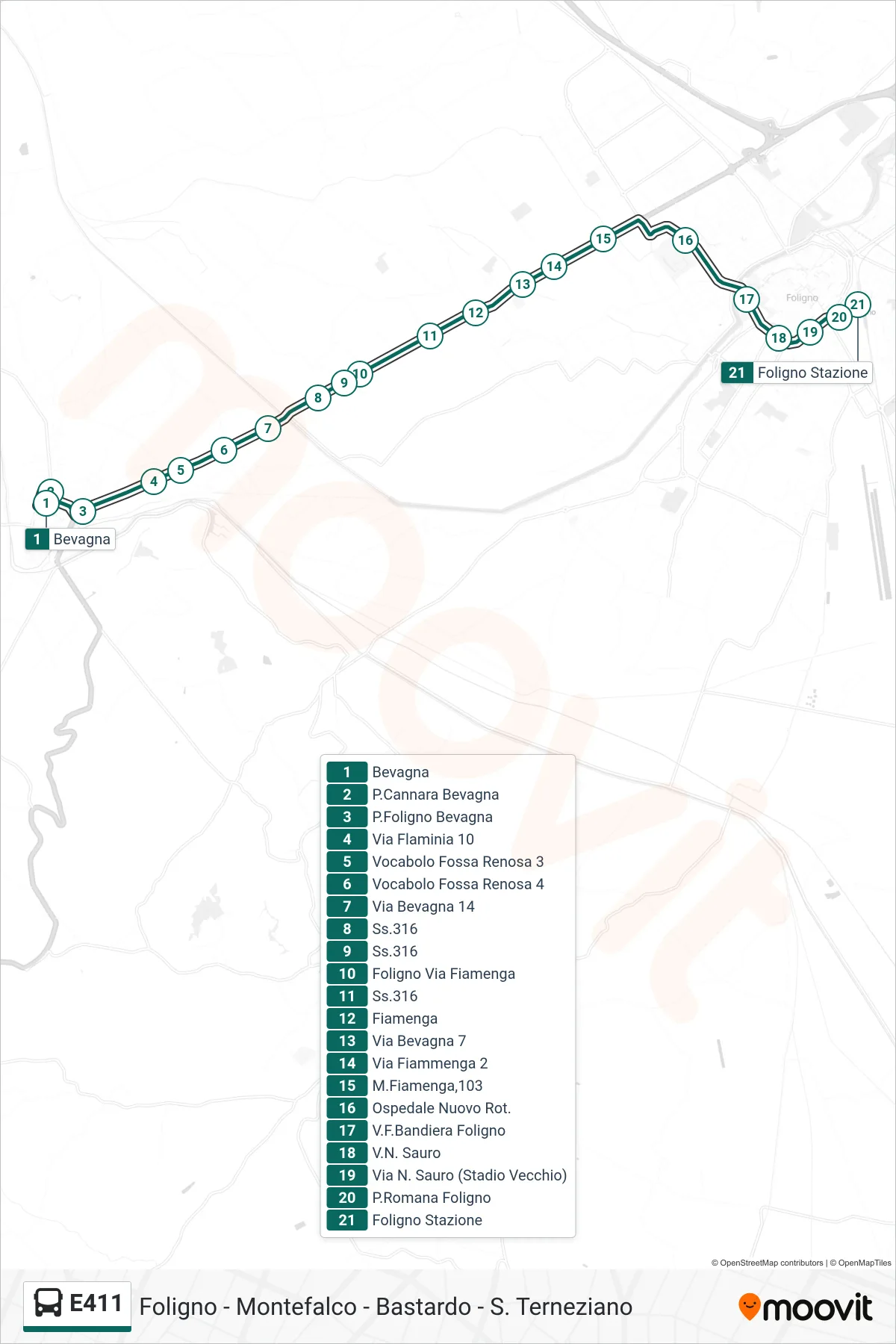 Linea E411 bus (Bevagna→Foligno Stazione) - Percorsi e fermate sulla mappa