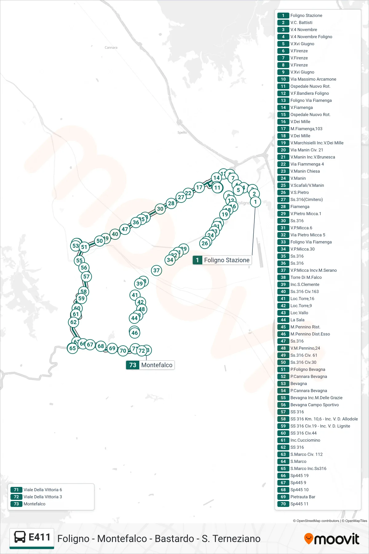 Linea E411 bus (Foligno Stazione→Montefalco) - Percorsi e fermate sulla mappa