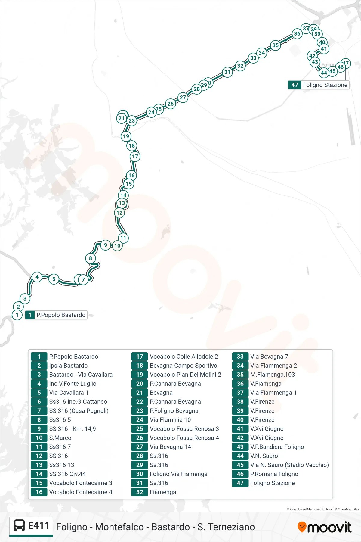 Linea E411 bus (P.Popolo Bastardo→Foligno Stazione) - Percorsi e fermate sulla mappa
