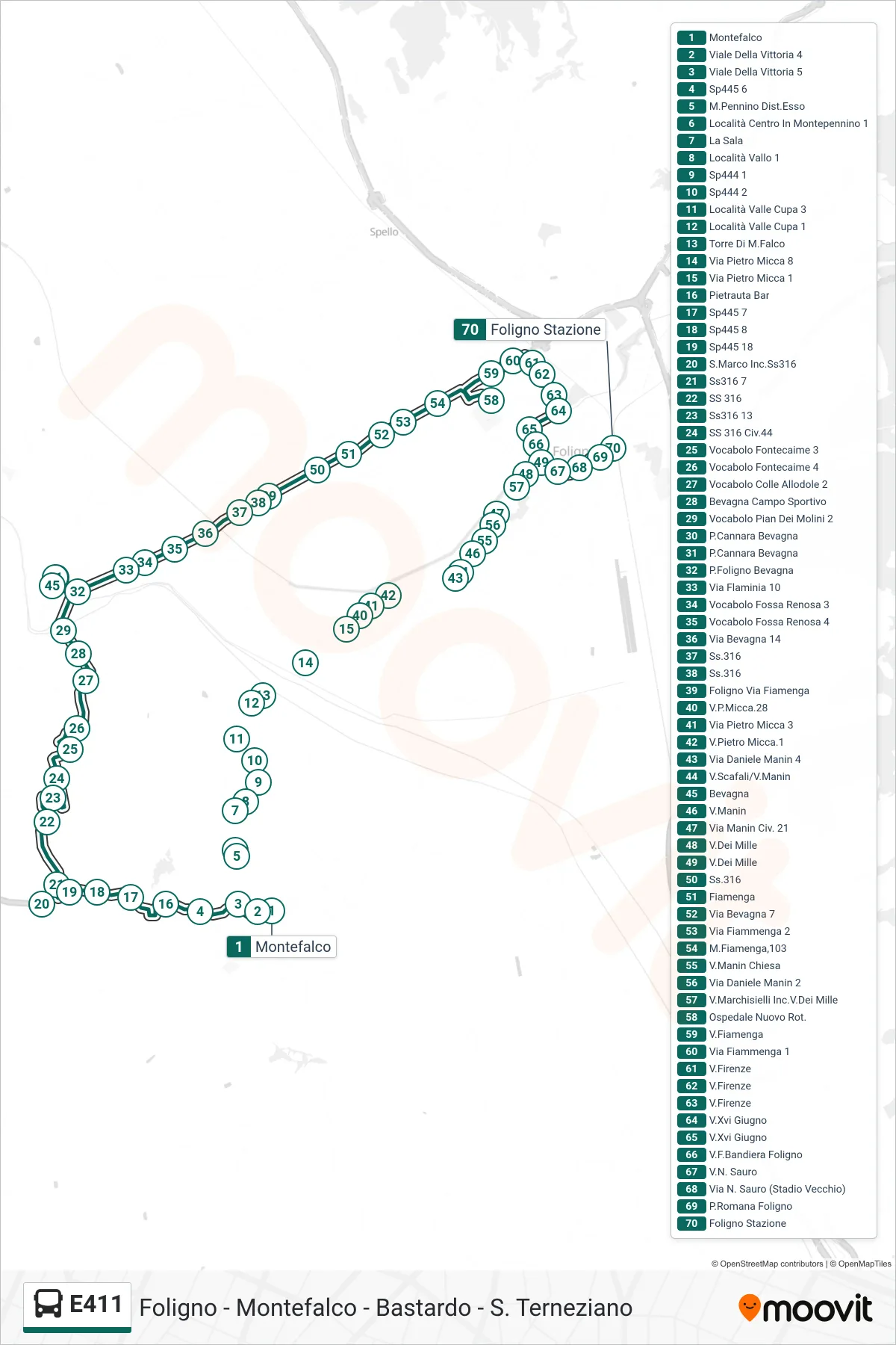 Linea E411 bus (Montefalco→Foligno Stazione) - Percorsi e fermate sulla mappa