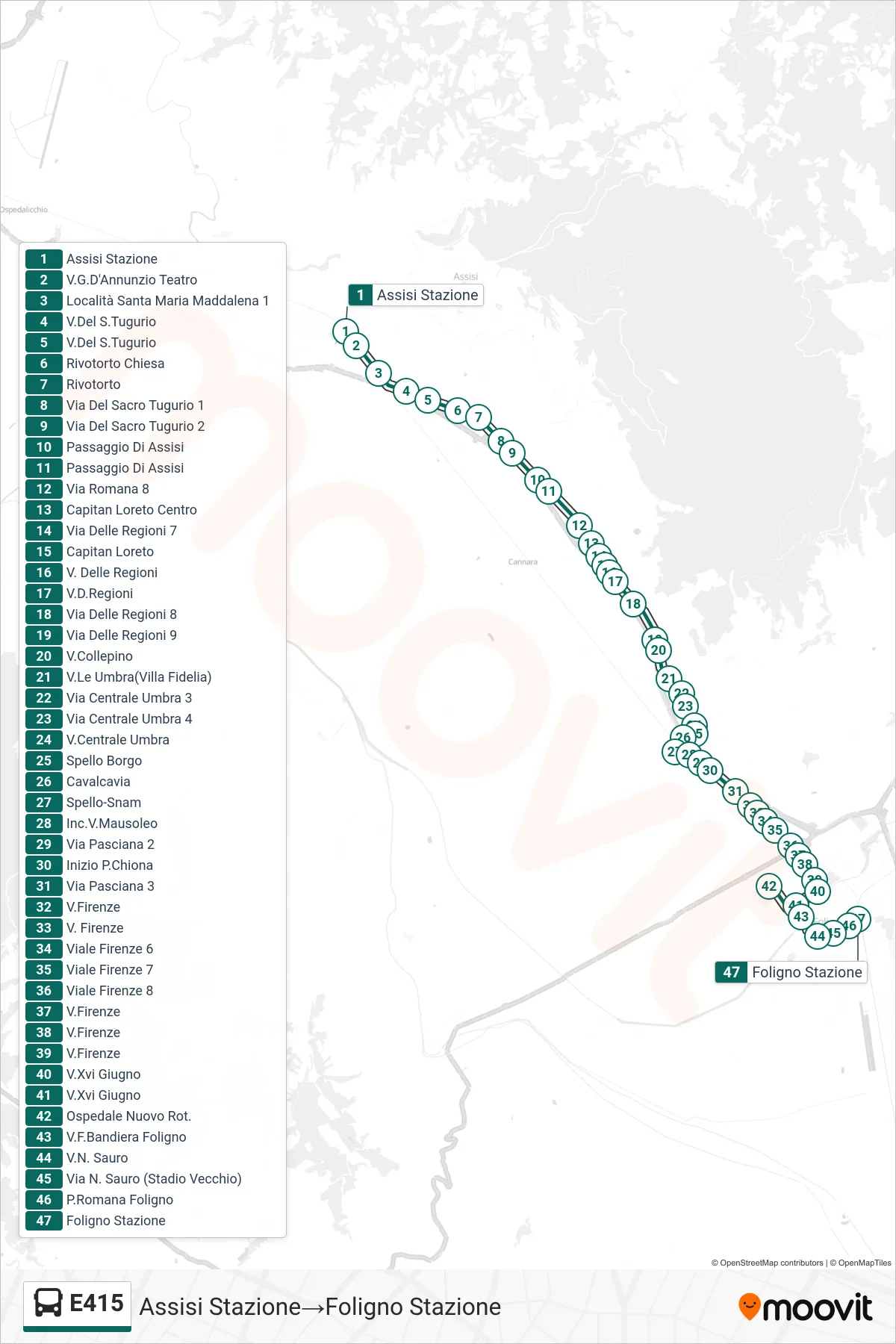 Linea E415 bus (Assisi Stazione→Foligno Stazione) - Percorsi e fermate sulla mappa