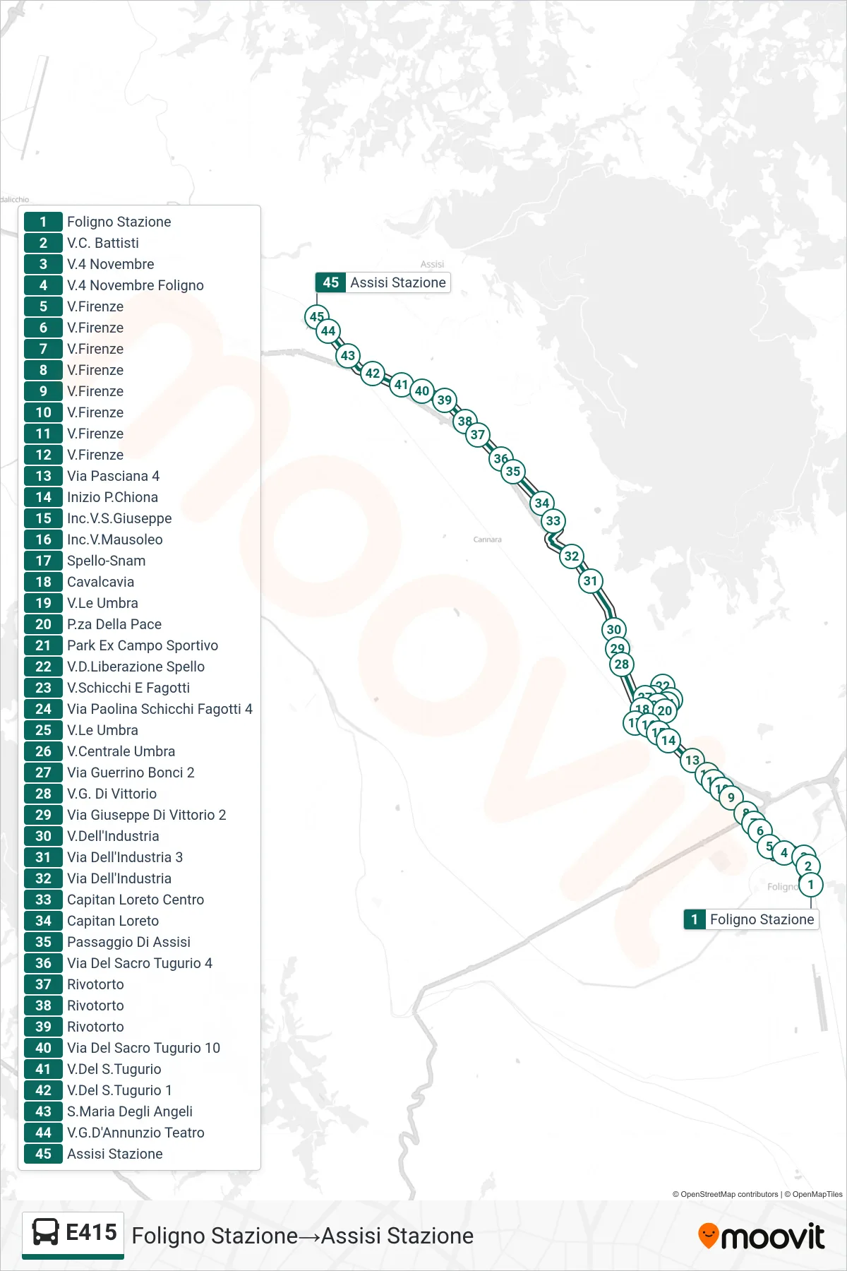 E415 bus Line (Foligno Station→Assisi Station) route and stops on a map
