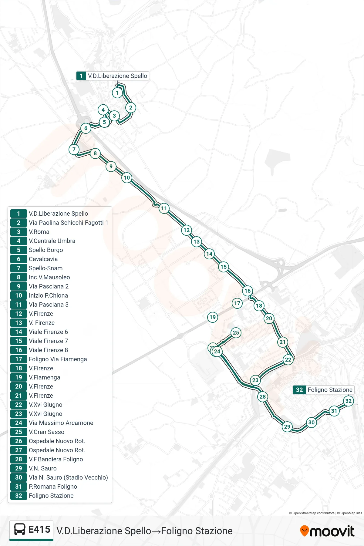 Linea E415  bus (V.D.Liberazione Spello‎→Foligno Stazione) - Percorsi e fermate sulla mappa
