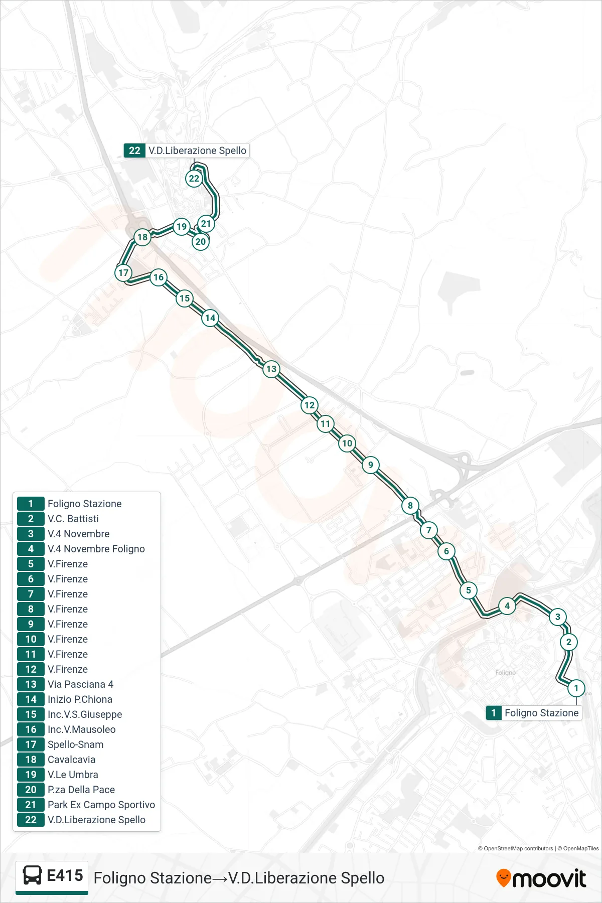 Linea E415  bus (Foligno Stazione‎→V.D.Liberazione Spello) - Percorsi e fermate sulla mappa