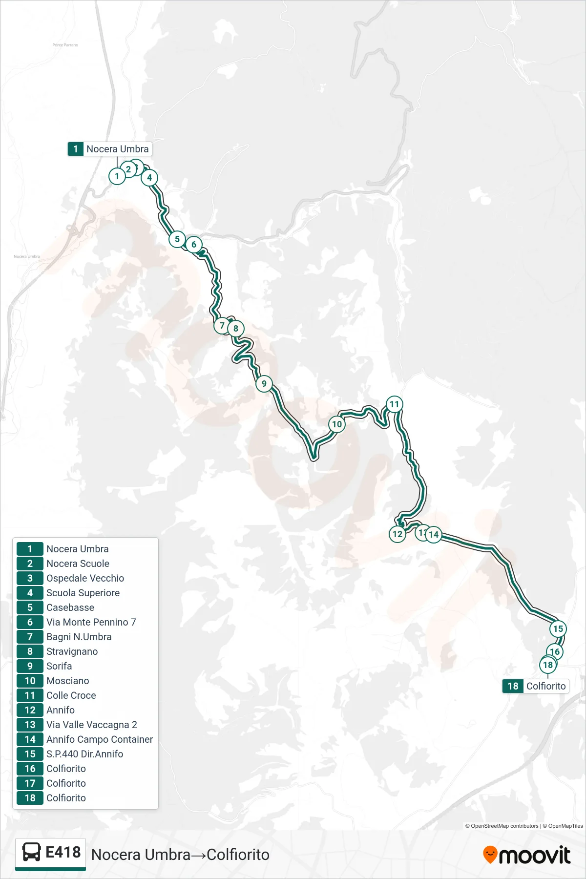 Linea E418  bus (Nocera Umbra‎→Colfiorito) - Percorsi e fermate sulla mappa