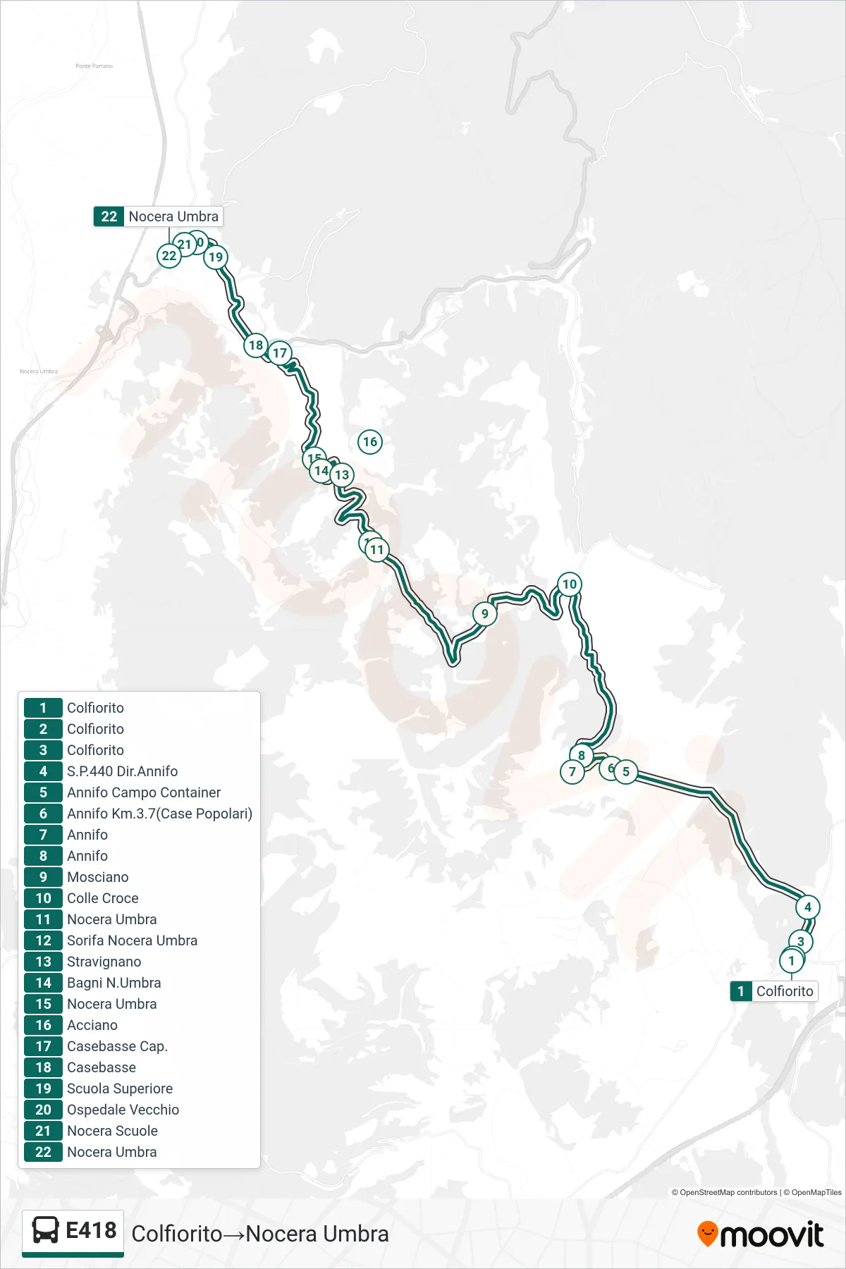 E418 bus Line (Colfiorito‎→Nocera Umbra) route and stops on a map