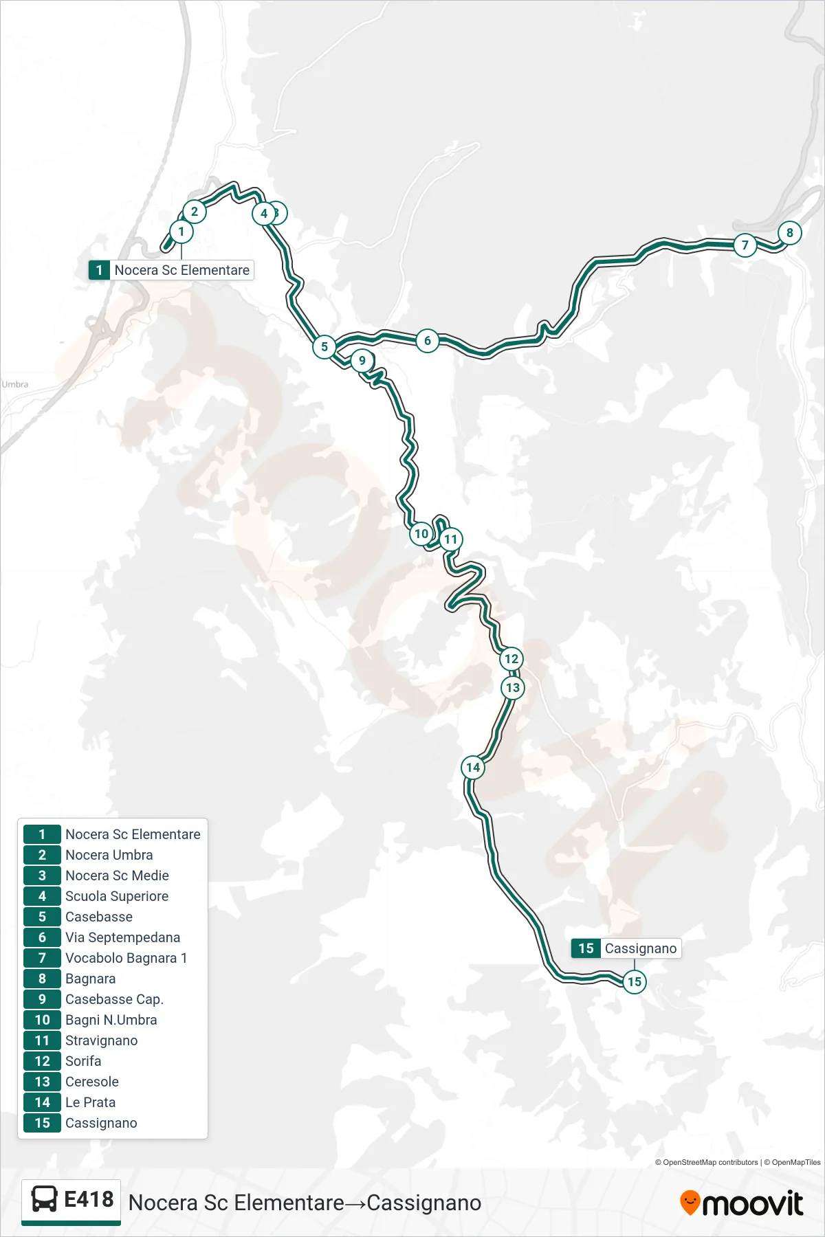 Linea E418  bus (Nocera Sc Elementare‎→Cassignano) - Percorsi e fermate sulla mappa