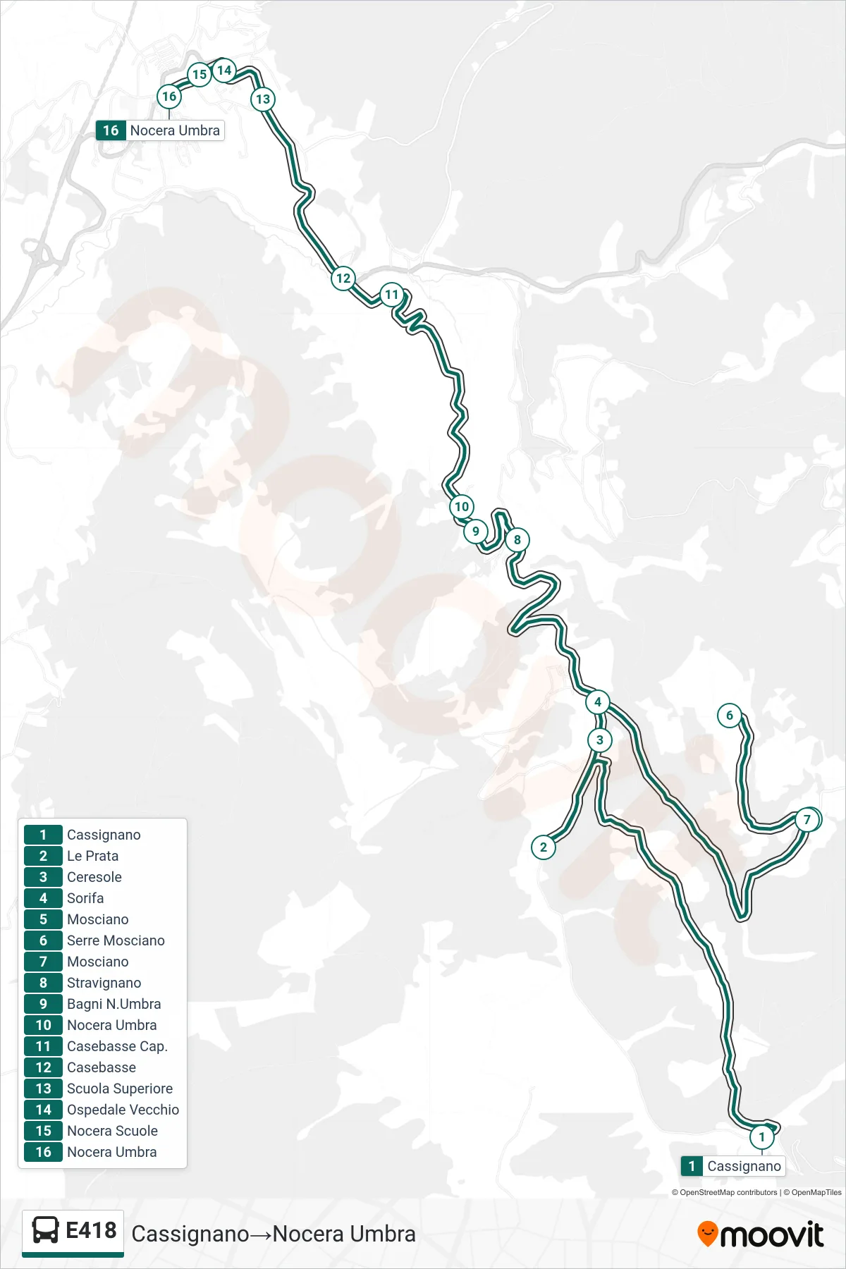 Linea E418  bus (Cassignano‎→Nocera Umbra) - Percorsi e fermate sulla mappa
