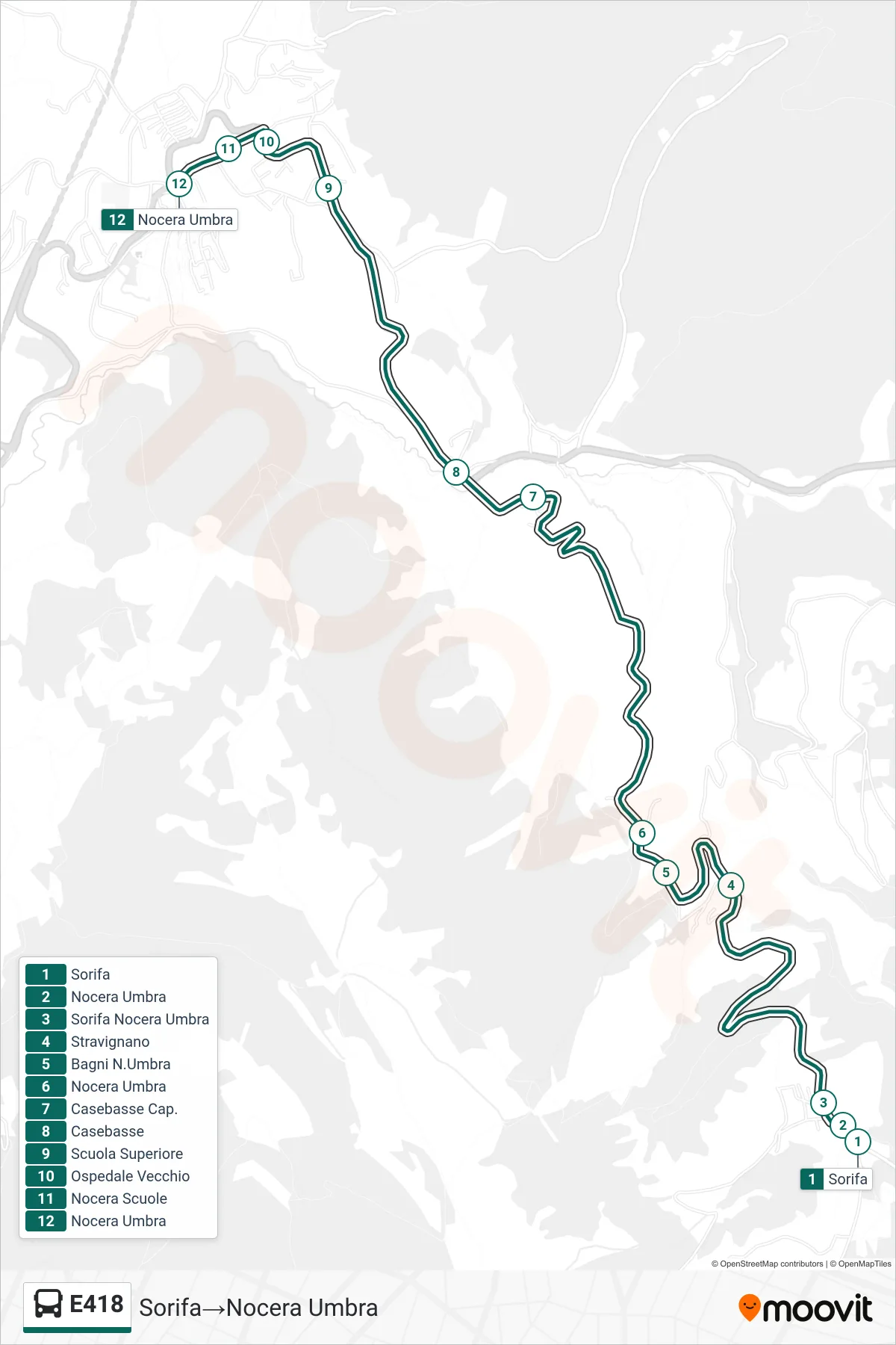 Linea E418  bus (Sorifa‎→Nocera Umbra) - Percorsi e fermate sulla mappa
