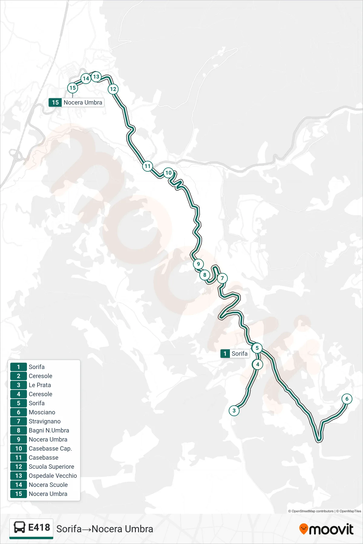 Linea E418  bus (Sorifa‎→Nocera Umbra) - Percorsi e fermate sulla mappa