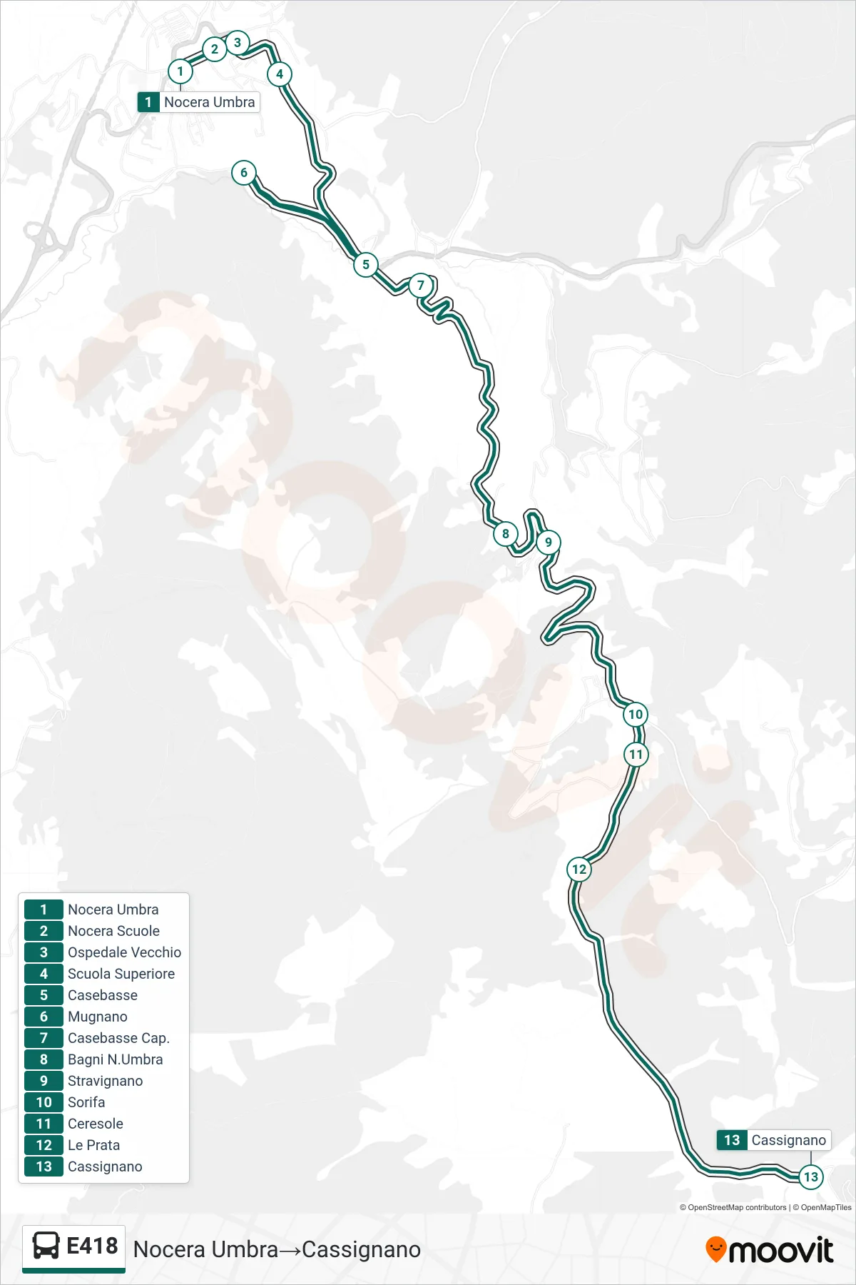 E418 bus Line (Nocera Umbra→Cassignano) route and stops on a map