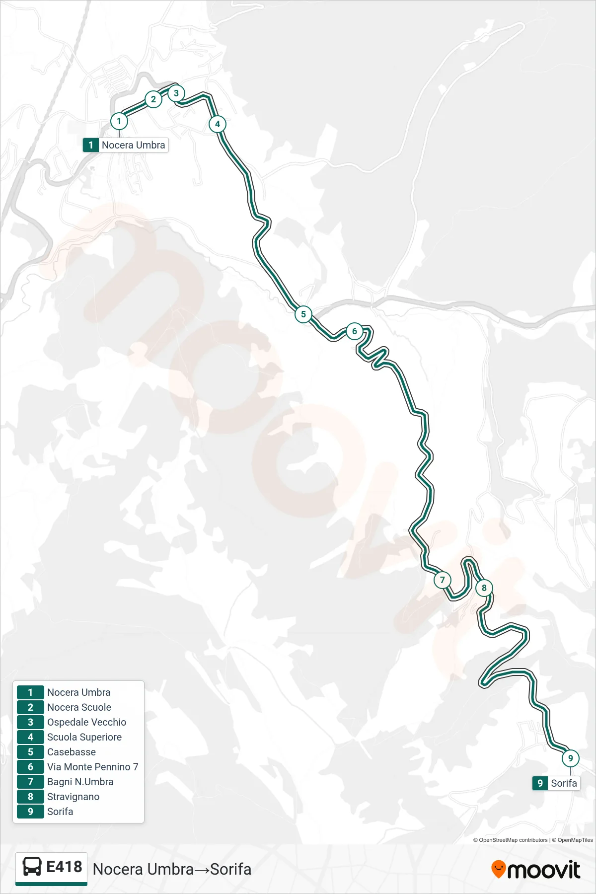 Linea E418  bus (Nocera Umbra‎→Sorifa) - Percorsi e fermate sulla mappa
