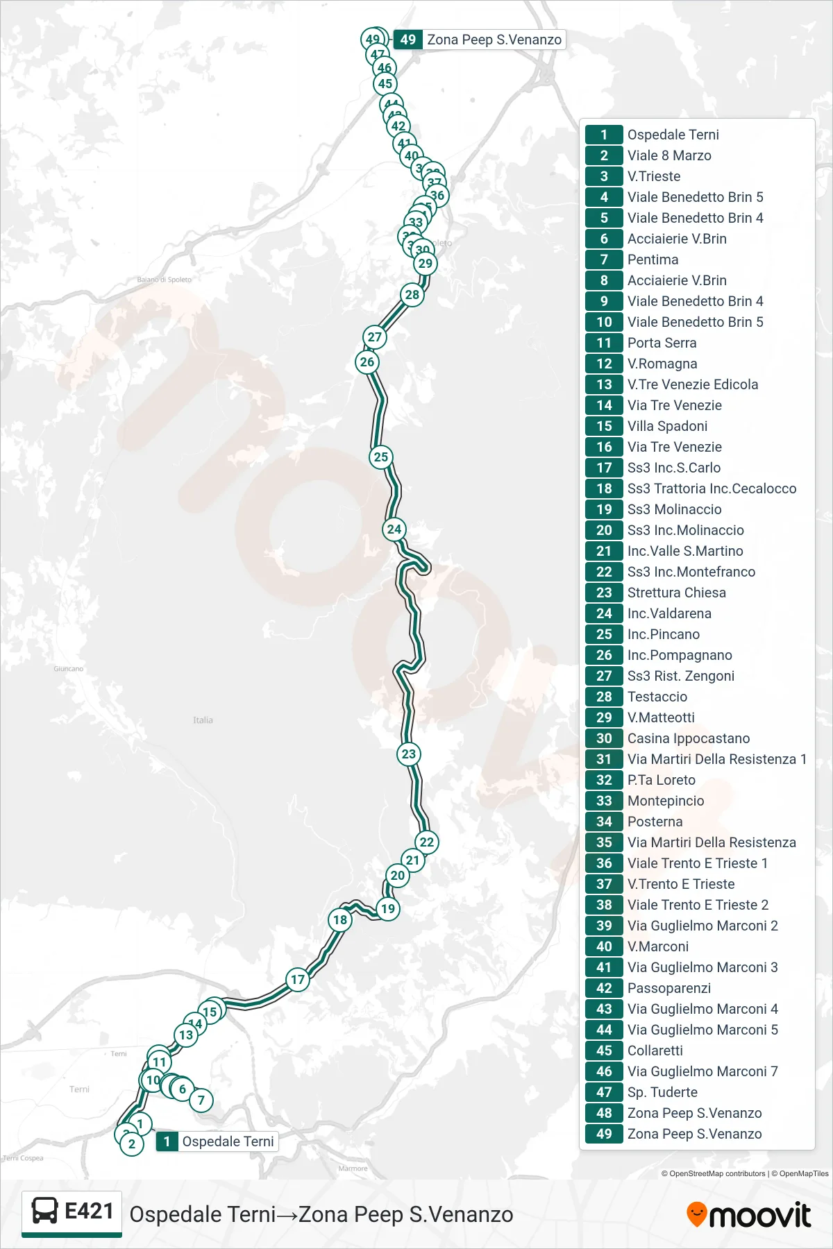 E421 bus Line (Terni Hospital→Peep San Venanzo Zone) route and stops on a map