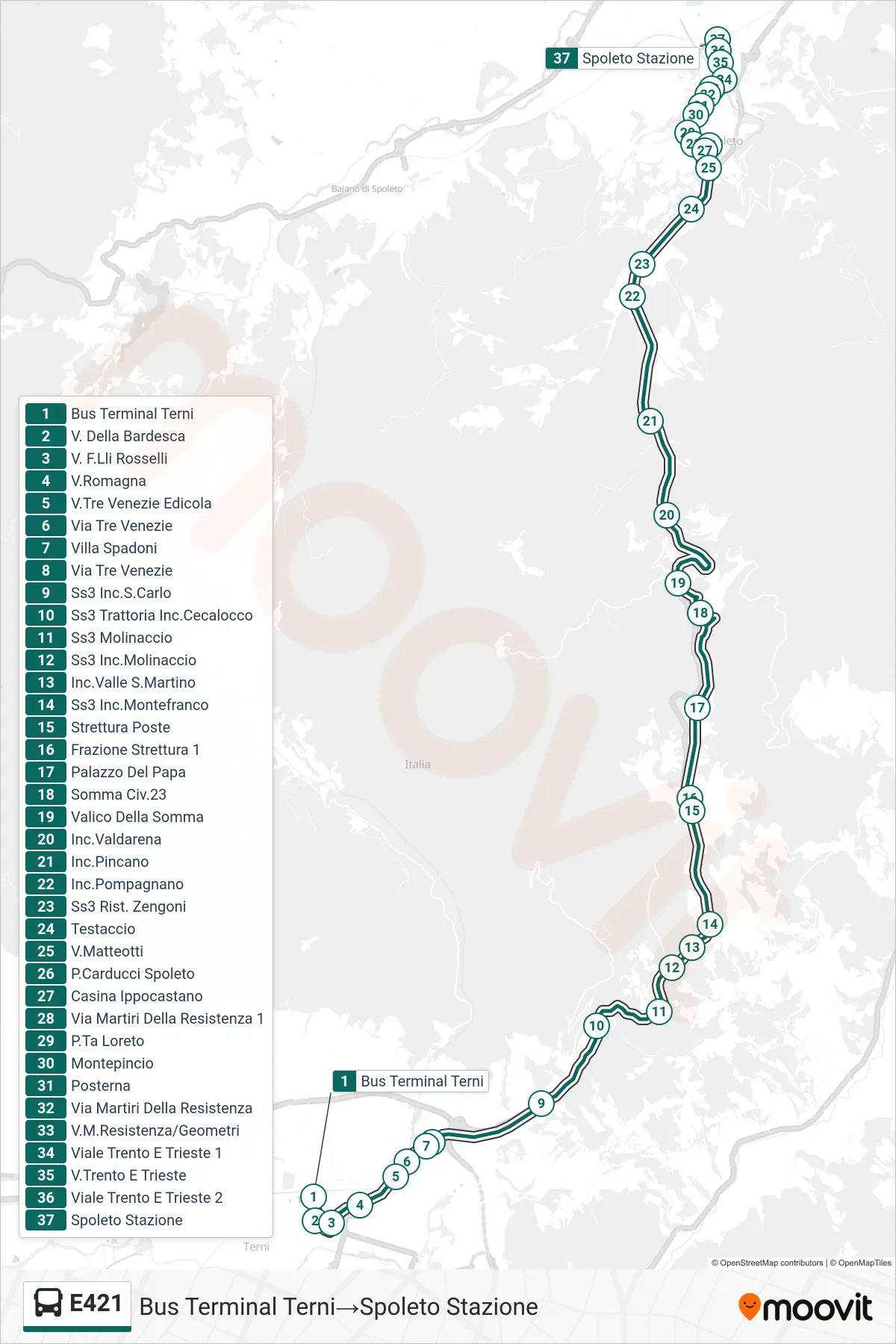 Linea E421  bus (Bus Terminal Terni‎→Spoleto Stazione) - Percorsi e fermate sulla mappa