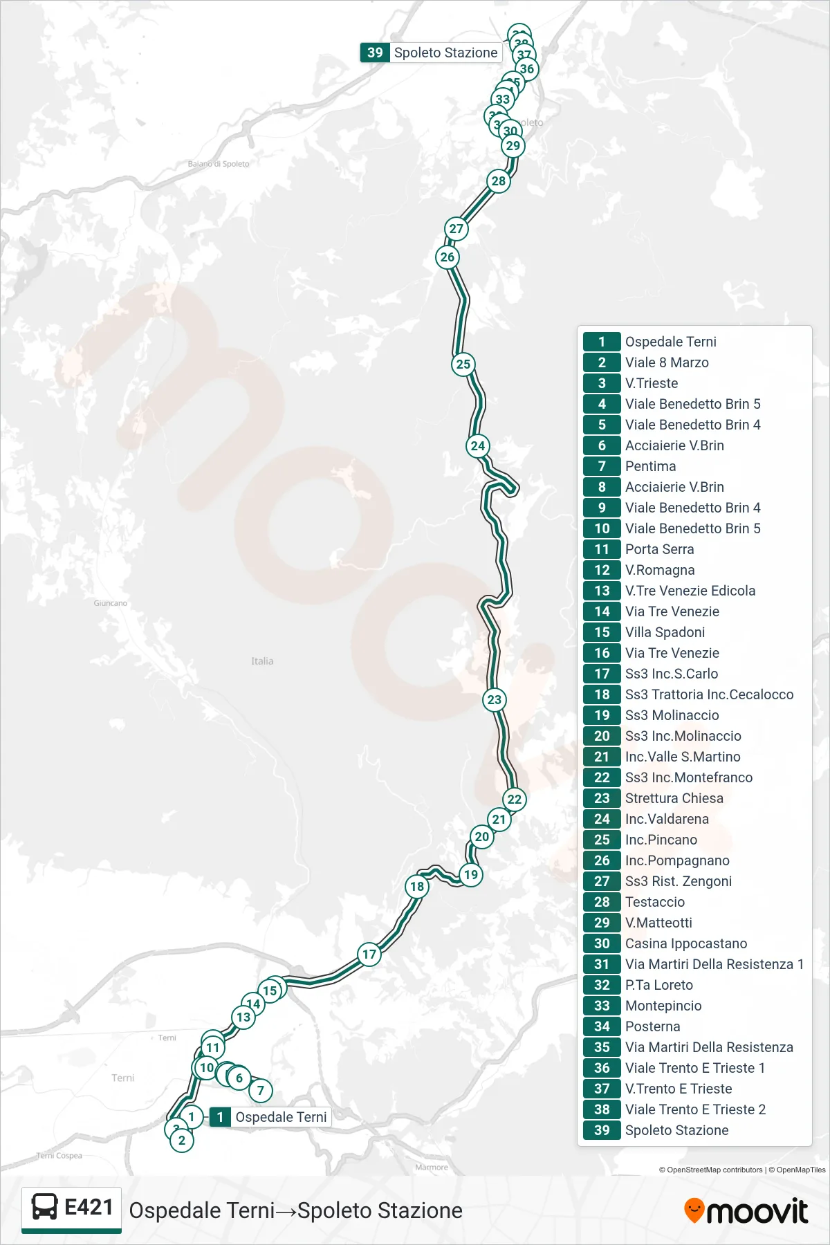 Linea E421 bus (Ospedale Terni→Spoleto Stazione) - Percorsi e fermate sulla mappa